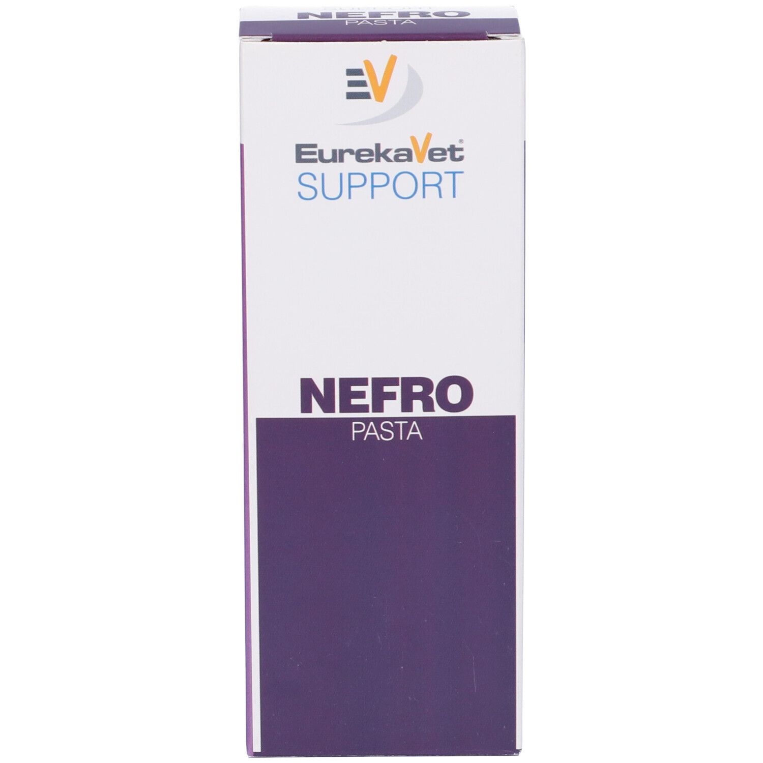 Scatola con "NEFRO PASTA" e logo "EurekaVet Support". Design viola e bianco.