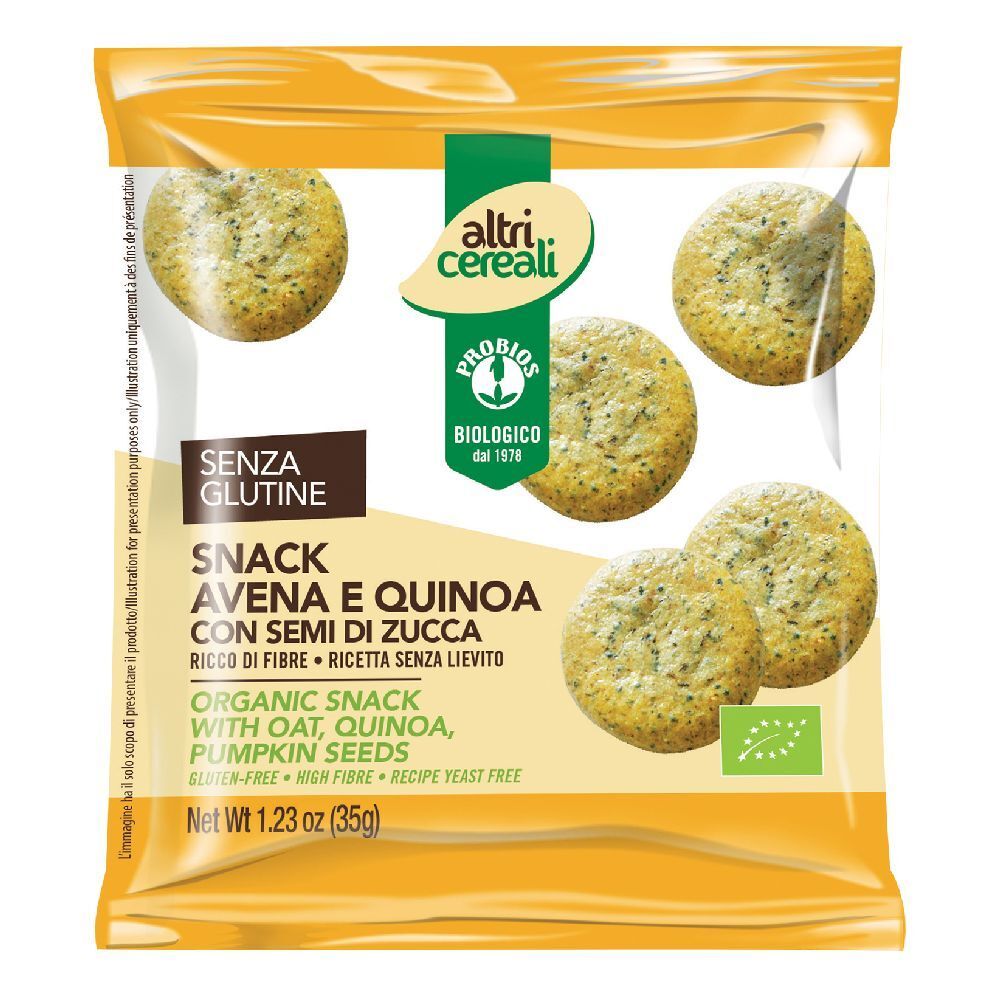 Confezione di snack rotondi. Scritta: "SNACK AVENA E QUINOA CON SEMI DI ZUCCA". Contiene marchio biologico e "SENZA GLUTINE".
