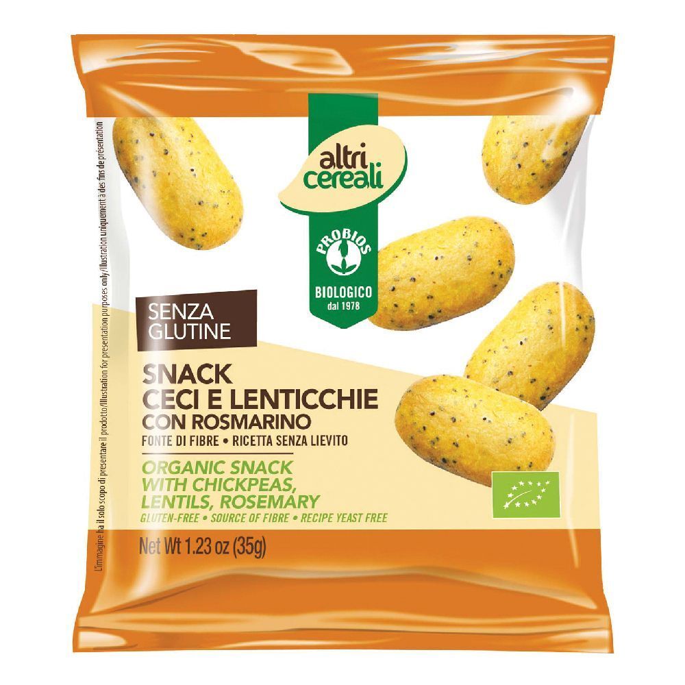 Confezione di snack. Scritto: Ceci e Lenticchie con Rosmarino. Contiene ceci, lenticchie e rosmarino. Certificazione biologica.