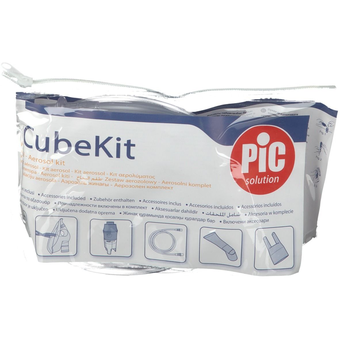 Confezione del kit CubeKit Aerosol. Logo PIC e pittogrammi degli accessori inclusi.