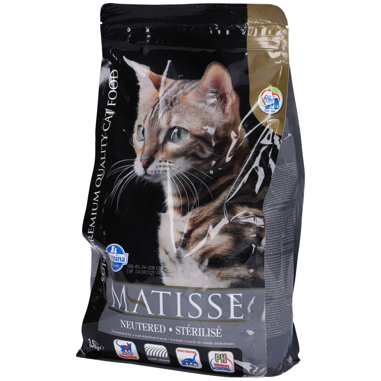 Sacchetto di cibo per gatti. Scritta: Matisse Neutered. Immagine di un gatto. Marchio: Farmina.