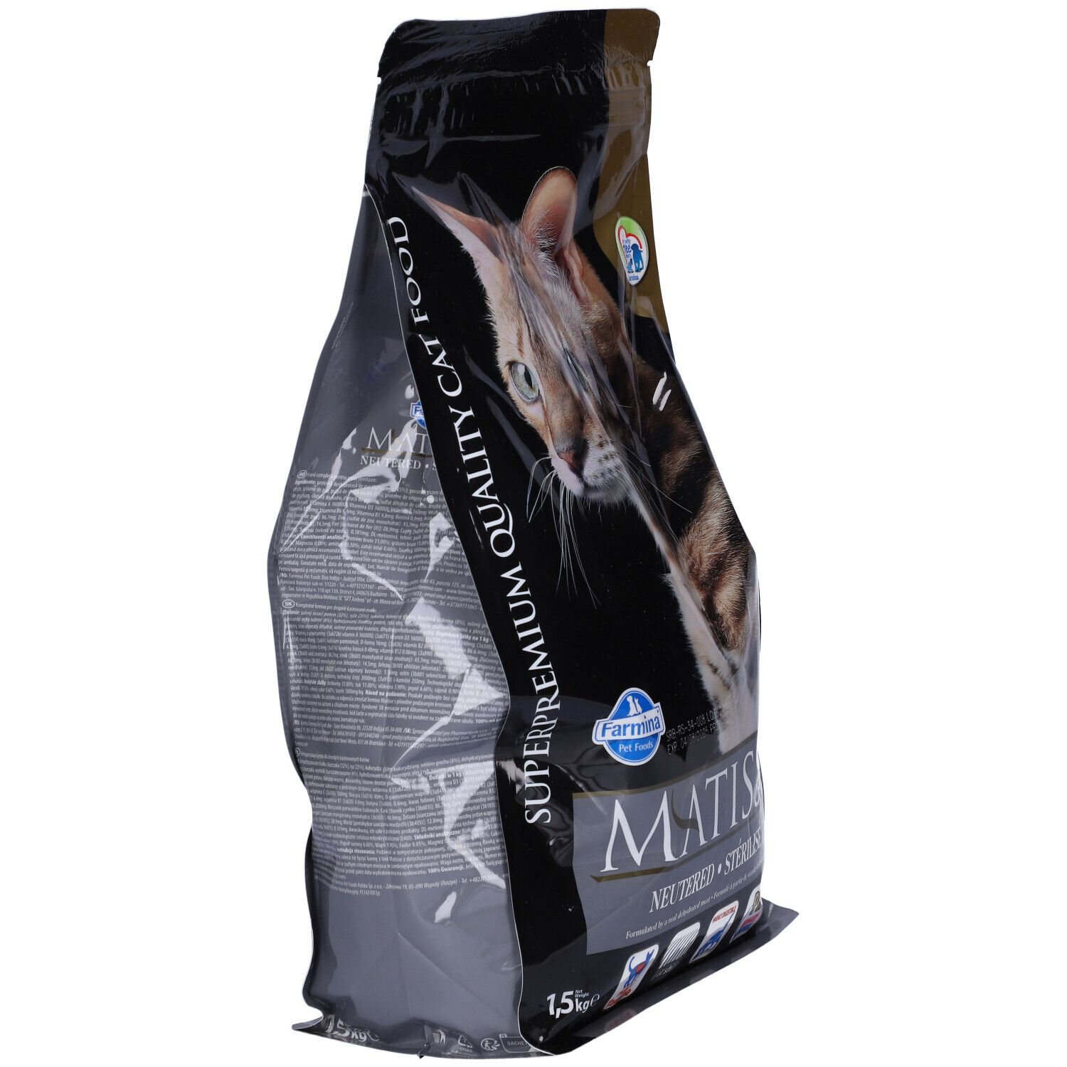 Sacchetto di cibo per gatti, vista laterale. Scritta: Matisse Neutered. Marchio: Farmina. Contenuto: 1,5 kg.