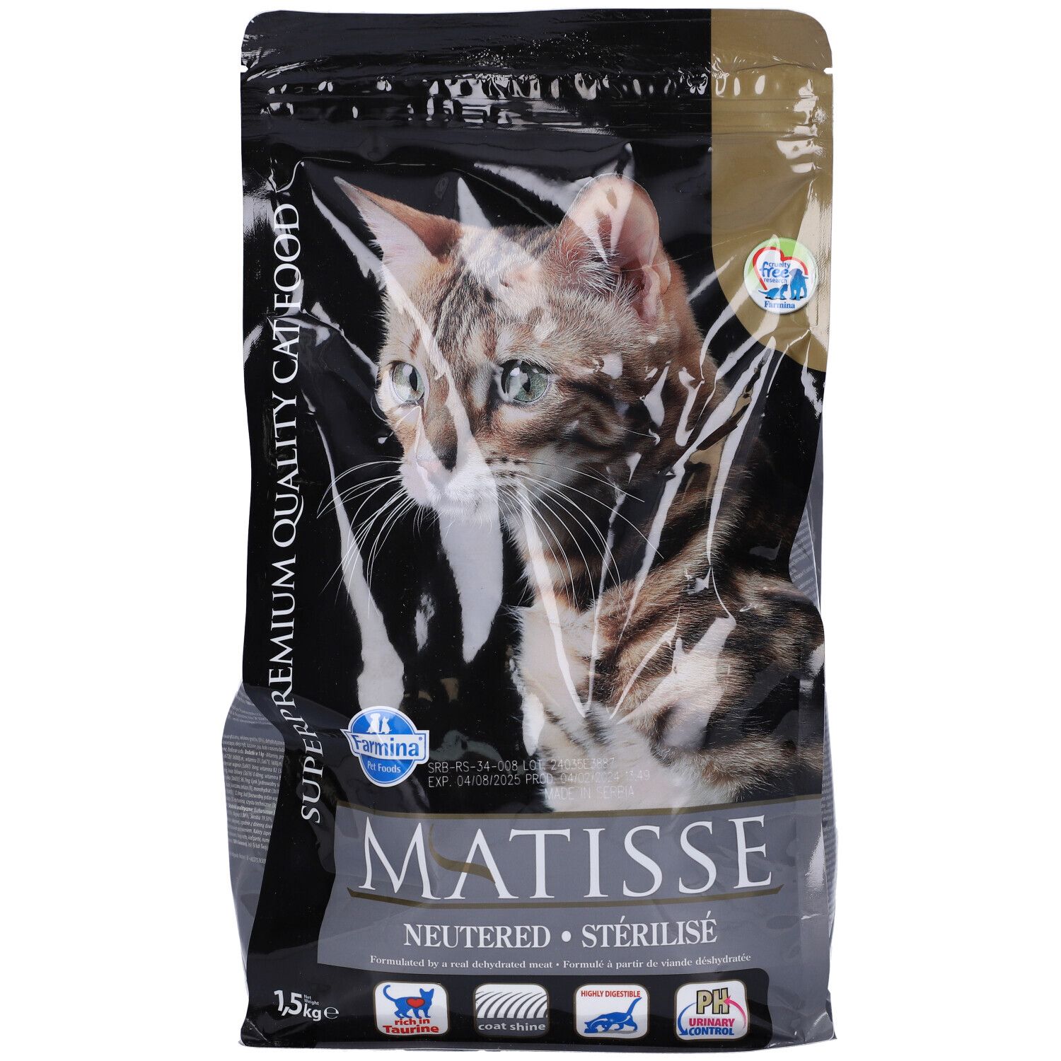 Sacchetto di cibo per gatti. Scritta: Matisse Neutered. Immagine di un gatto. Marchio: Farmina. Contenuto: 1,5 kg.