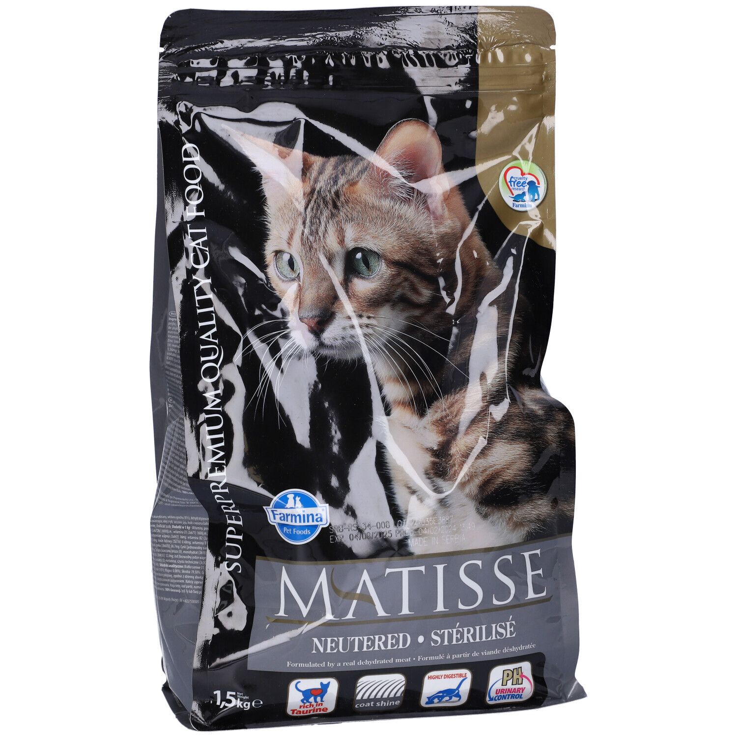 Sacchetto di cibo per gatti. Scritta: Matisse Neutered. Immagine di un gatto. Marchio: Farmina. Contenuto: 1,5 kg.