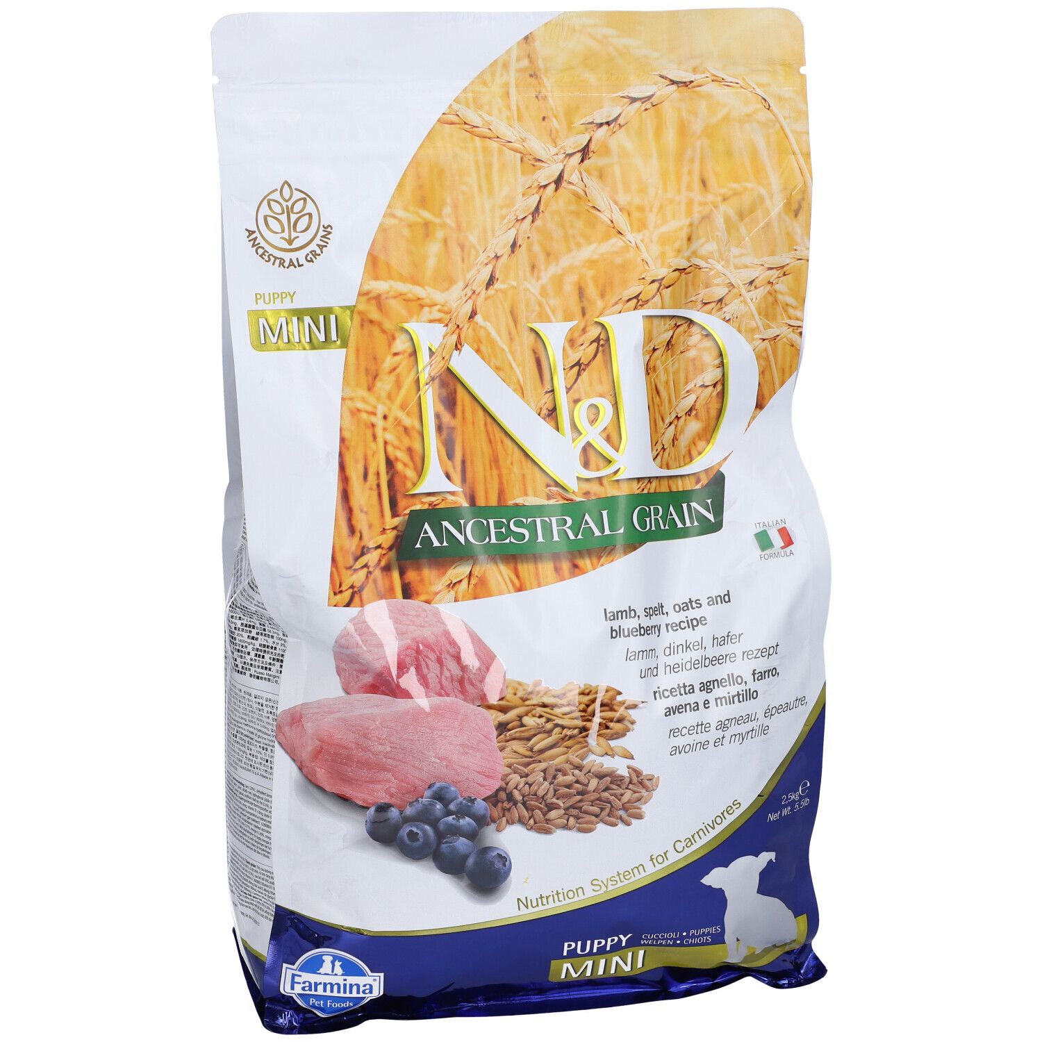 Trockenfutter-Verpackung. Aufschrift: N&D Ancestral Grain, Mini, Puppy. Abbildung von Lamm, Blaubeeren und Getreide. Italienische Flagge.