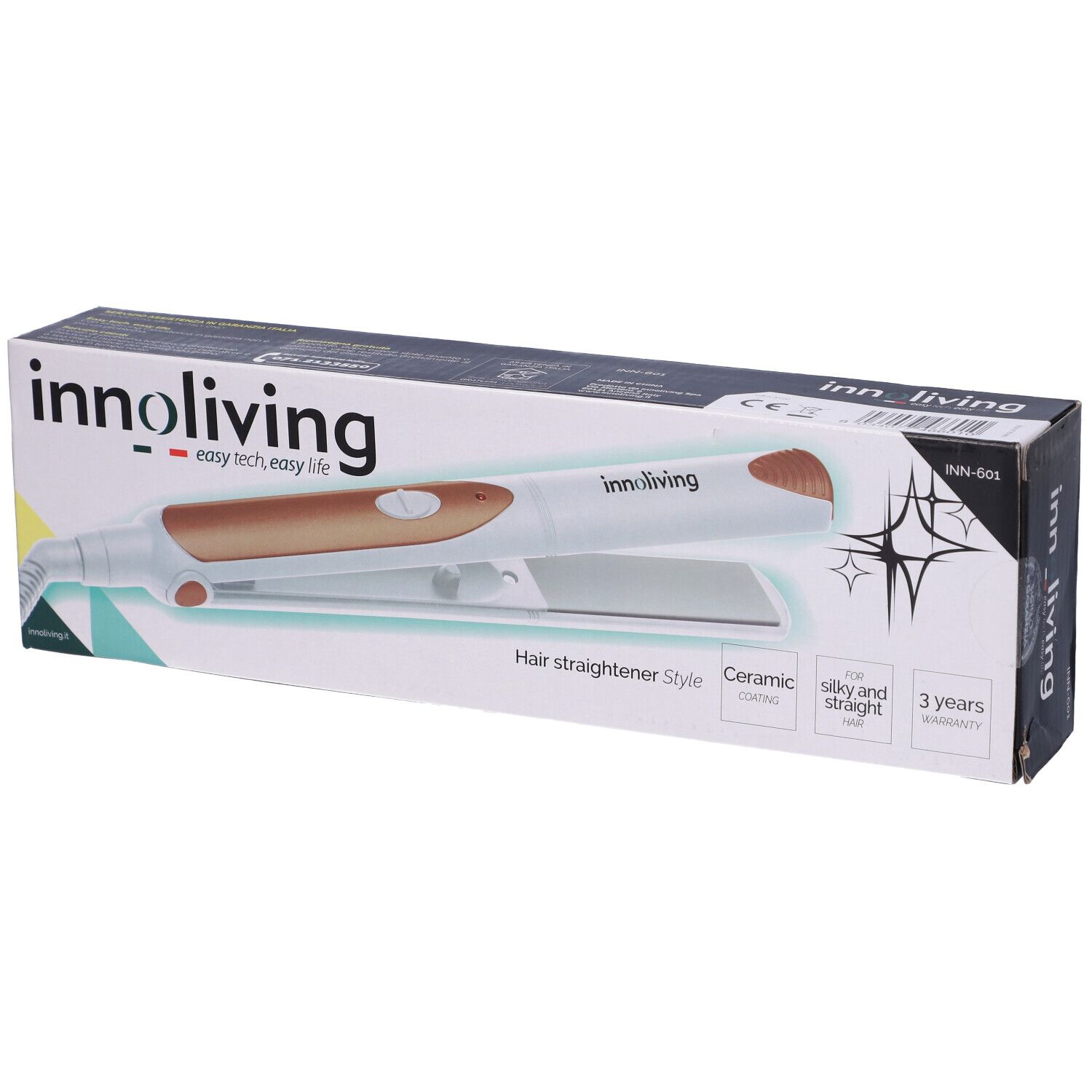 Confezione con piastra per capelli. Marchio: innoliving. Testo: Hair straightener Style, Ceramic coating, 3 anni di garanzia.