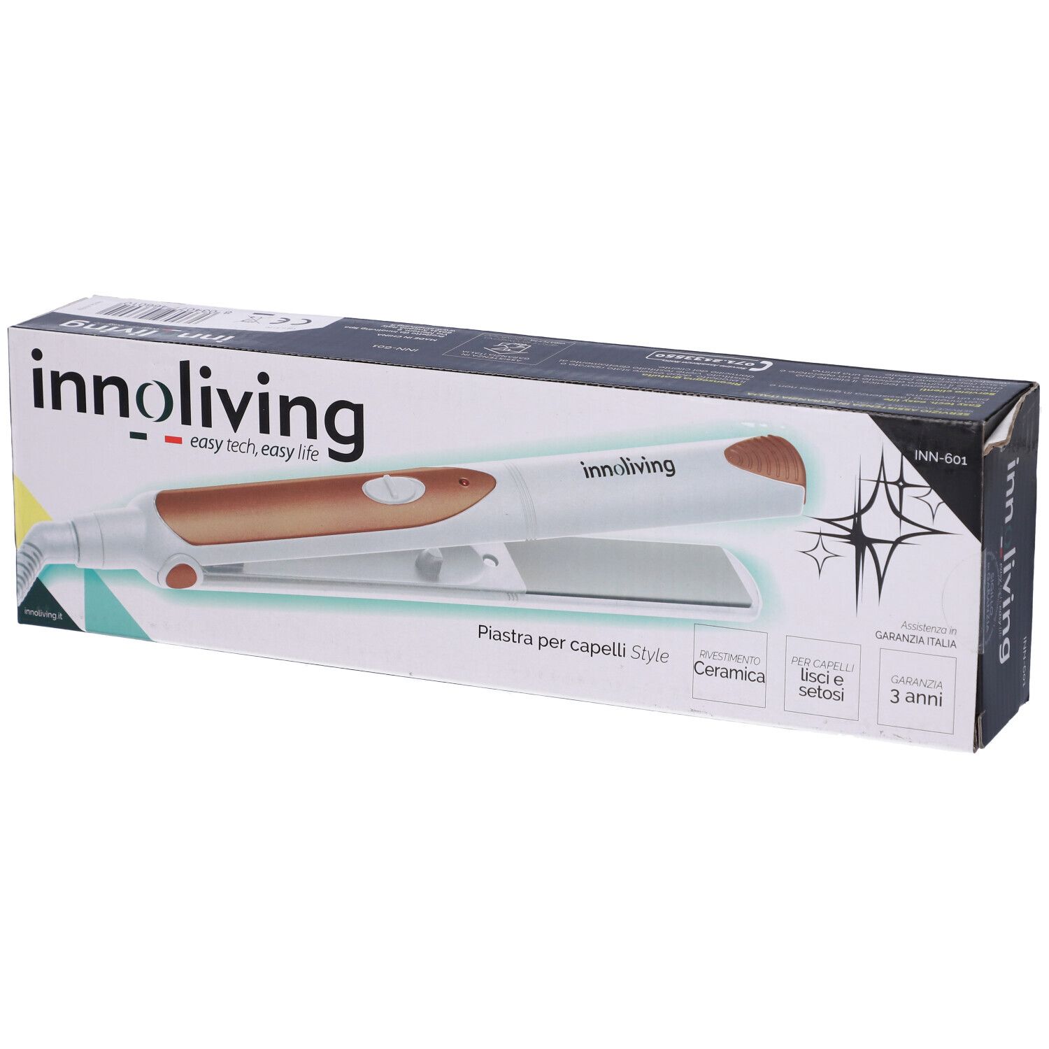 Confezione con piastra per capelli. Marchio: innoliving. Testo: Piastra per capelli Style, Ceramic coating, 3 anni di garanzia.