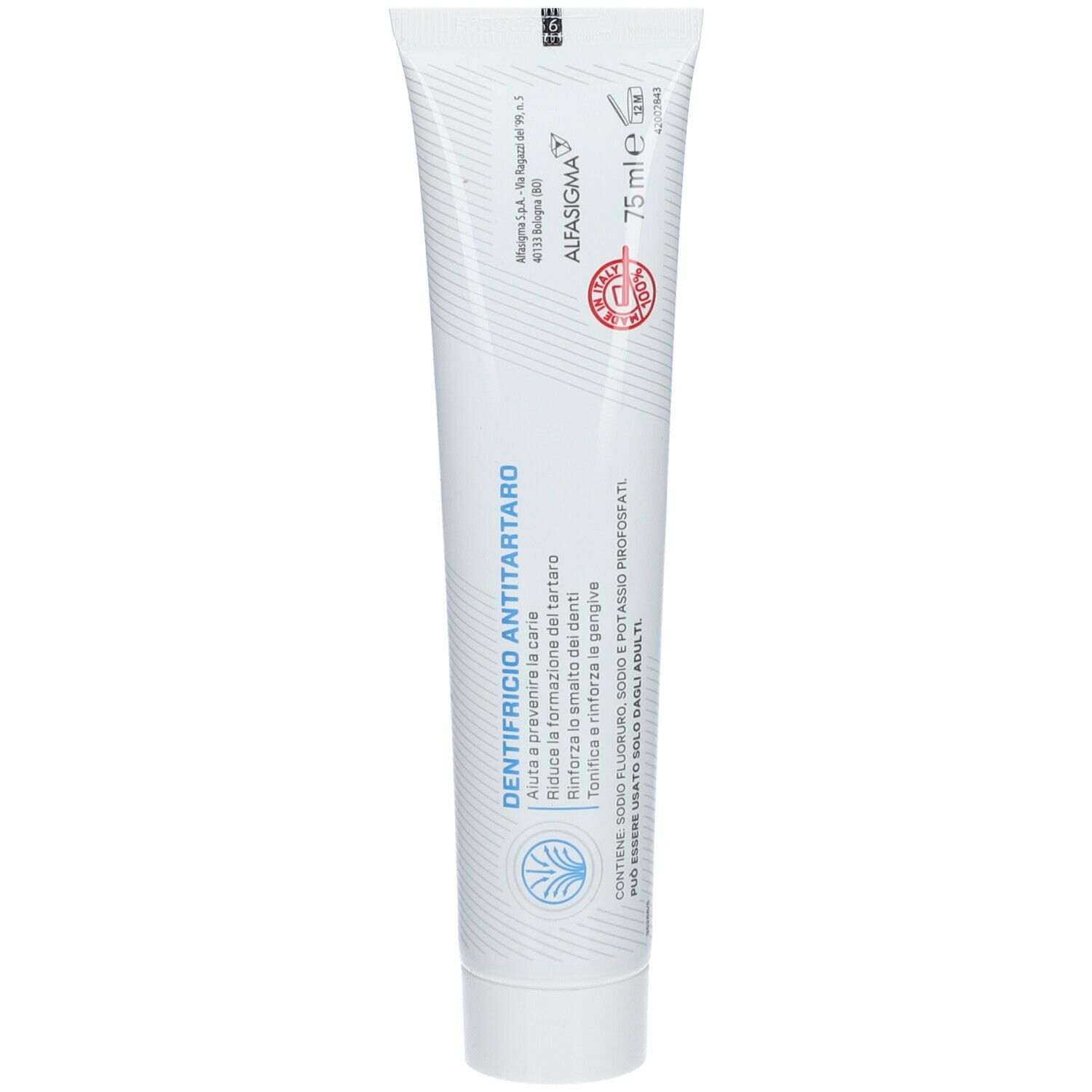 Tubo bianco con testo blu e grigio. Testo: DENTIFRICIO ANTITARTARO, 75 ml, ALPHASIGMA.