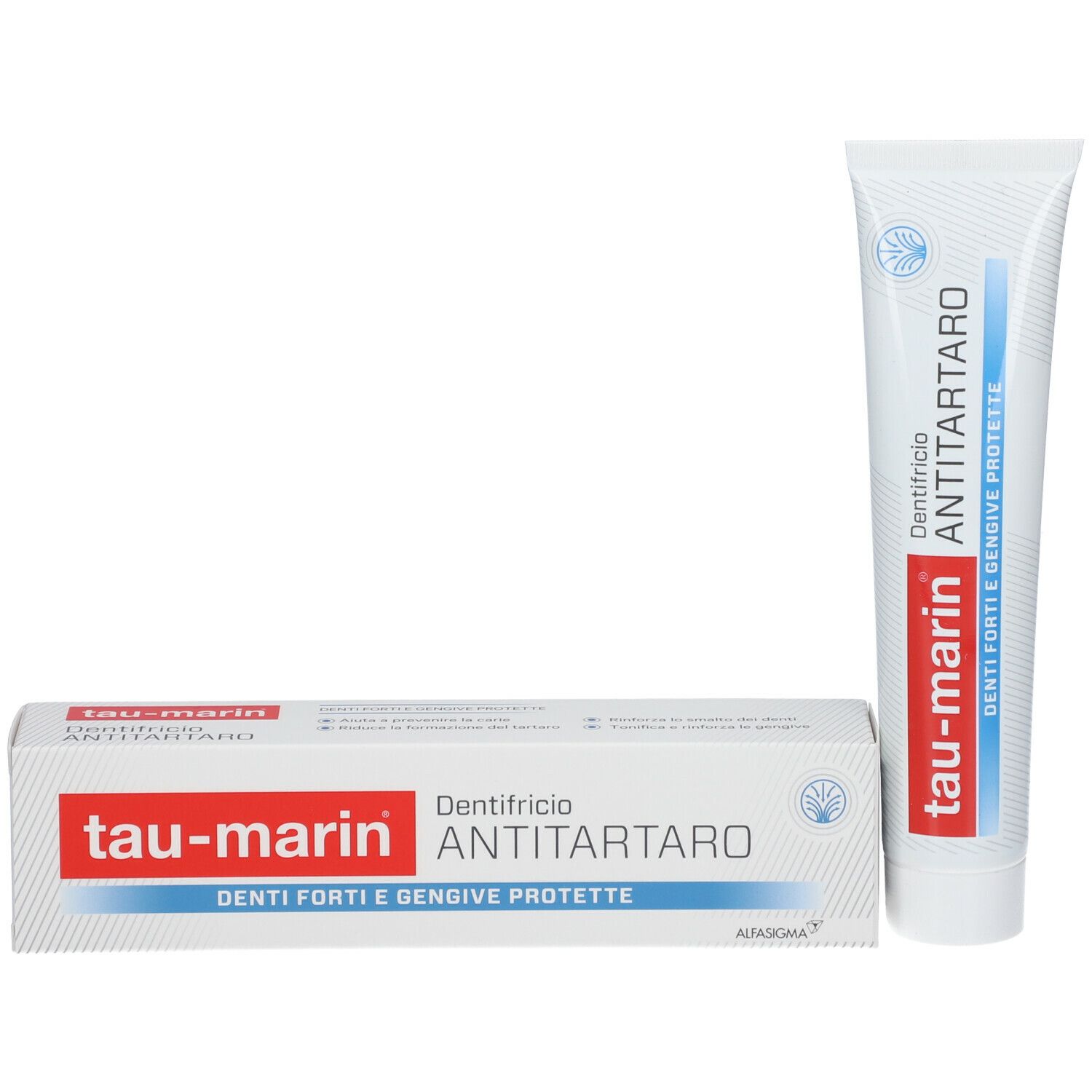 Tubo di dentifricio e scatola. Tubo: tau-marin, ANTITARTARO. Scatola: tau-marin, ANTITARTARO, Denti forti e gengive protette.