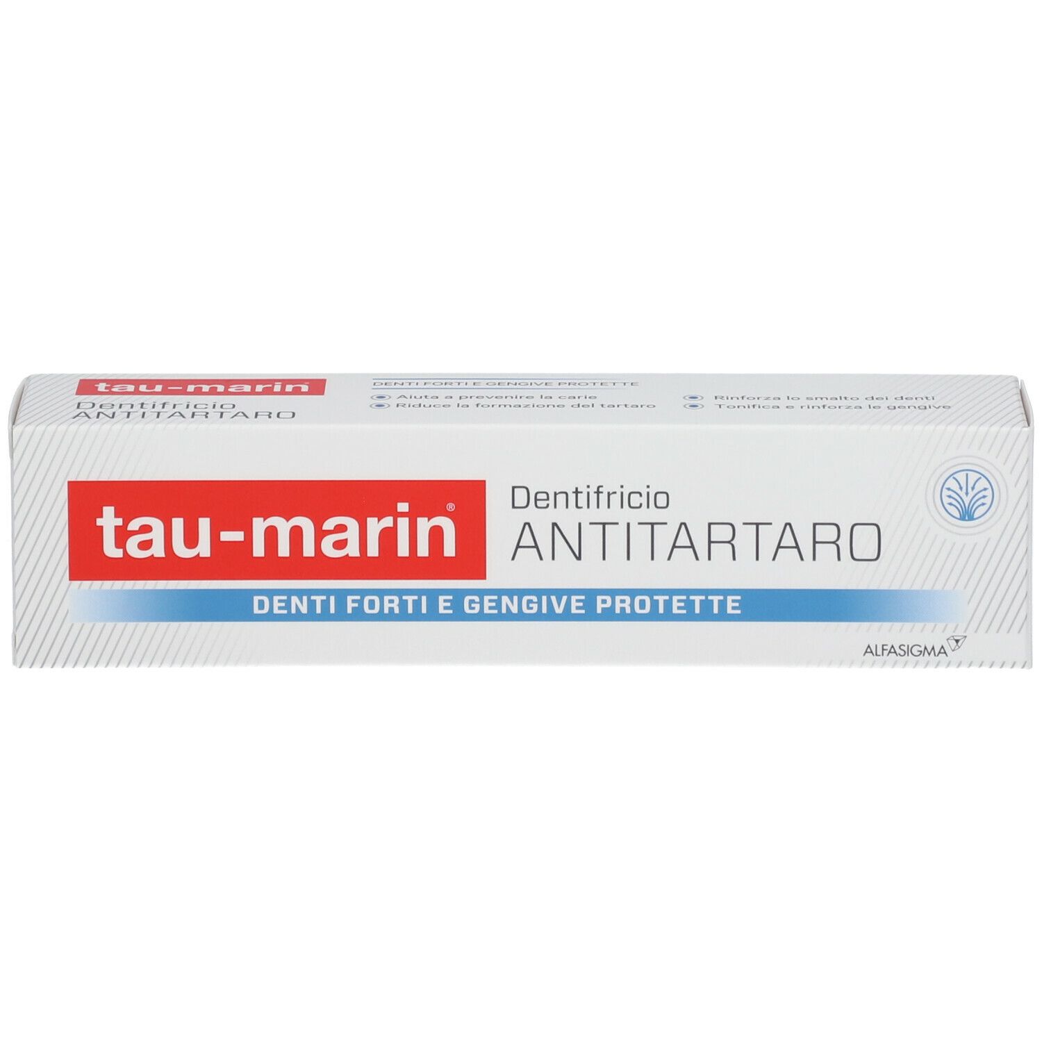 Scatola con testo rosso e blu. Testo: tau-marin, ANTITARTARO, Denti forti e gengive protette.