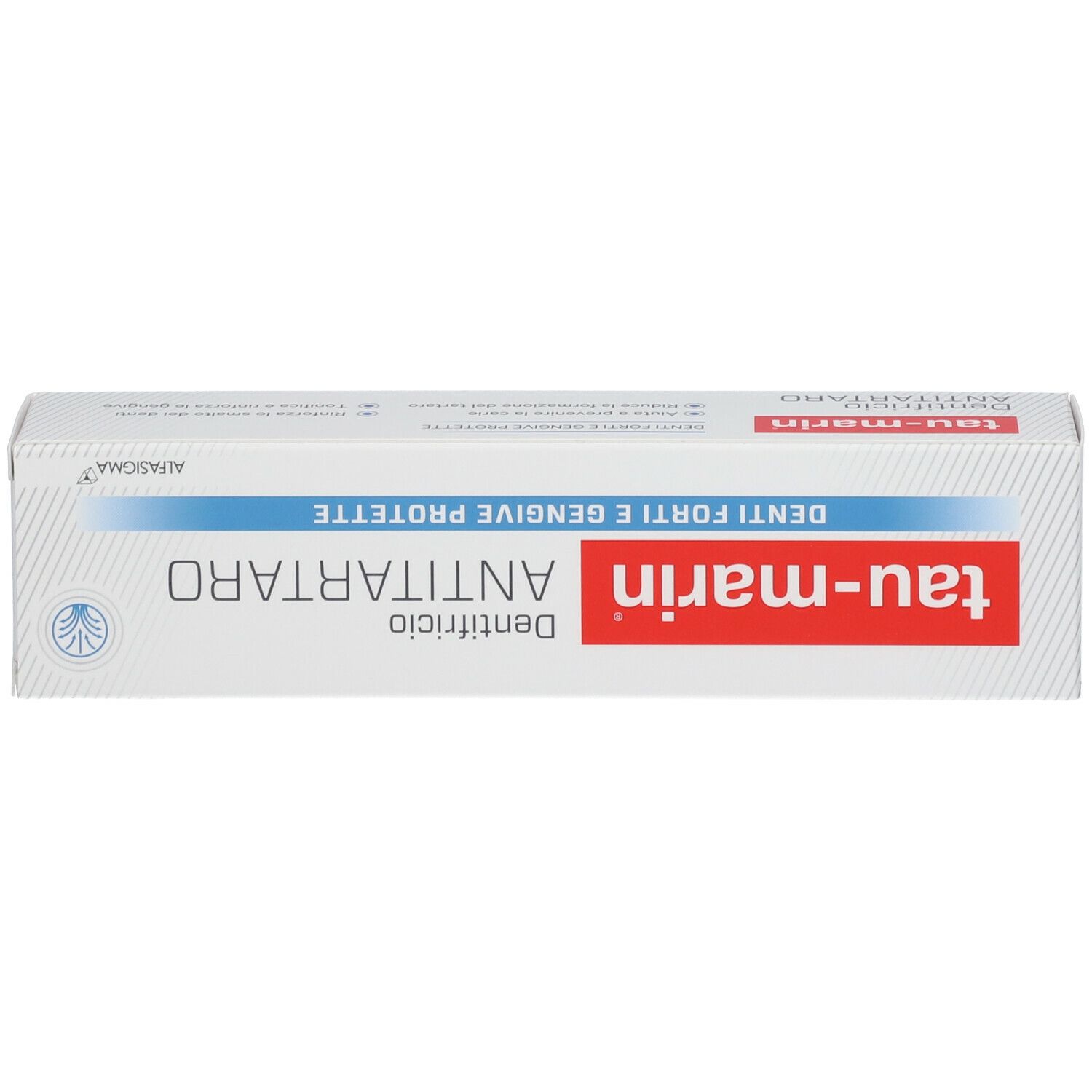 Scatola con testo rosso e blu. Testo: tau-marin, ANTITARTARO, Denti forti e gengive protette.