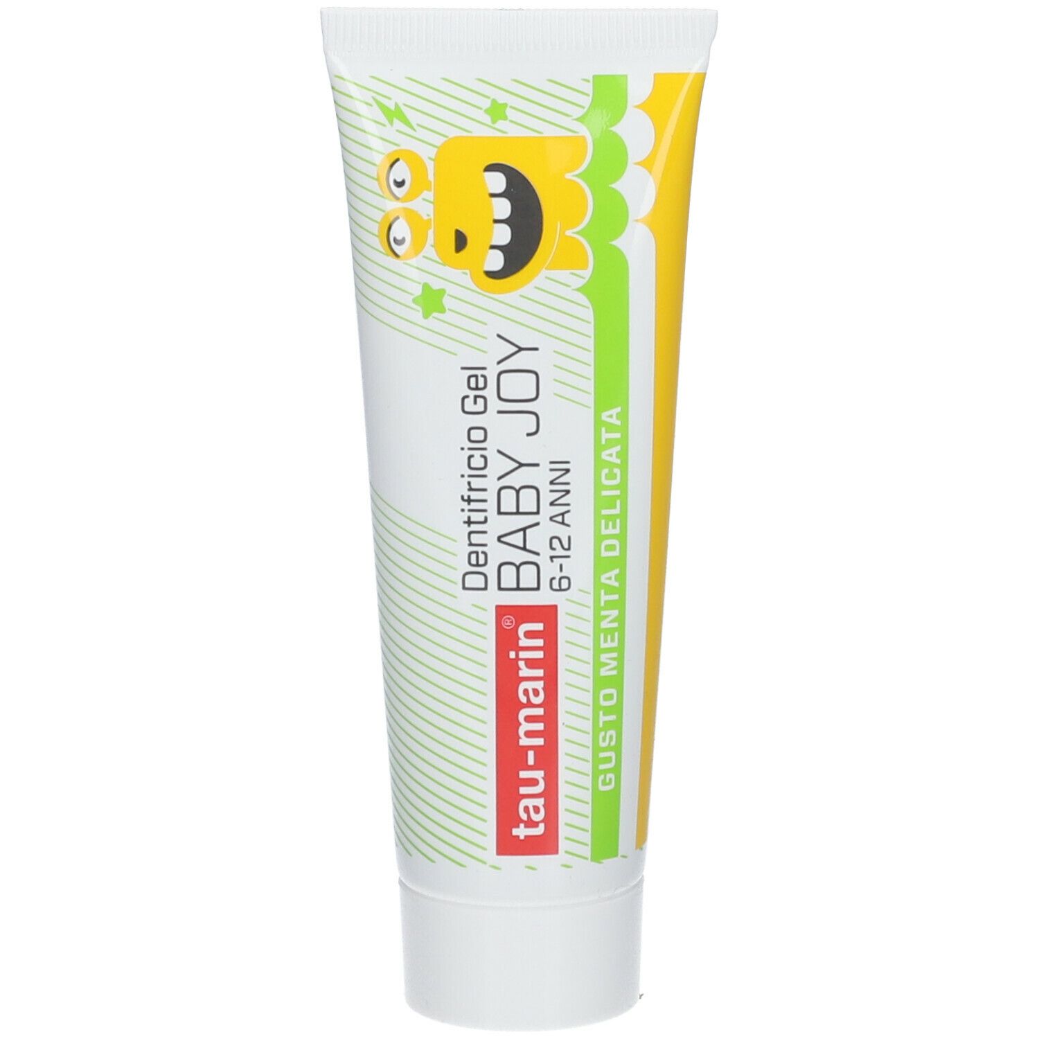 Tubo di dentifricio con testo. Contiene: Dentifricio Gel BABY JOY 6-12 Anni. Elementi gialli, verdi e bianchi.