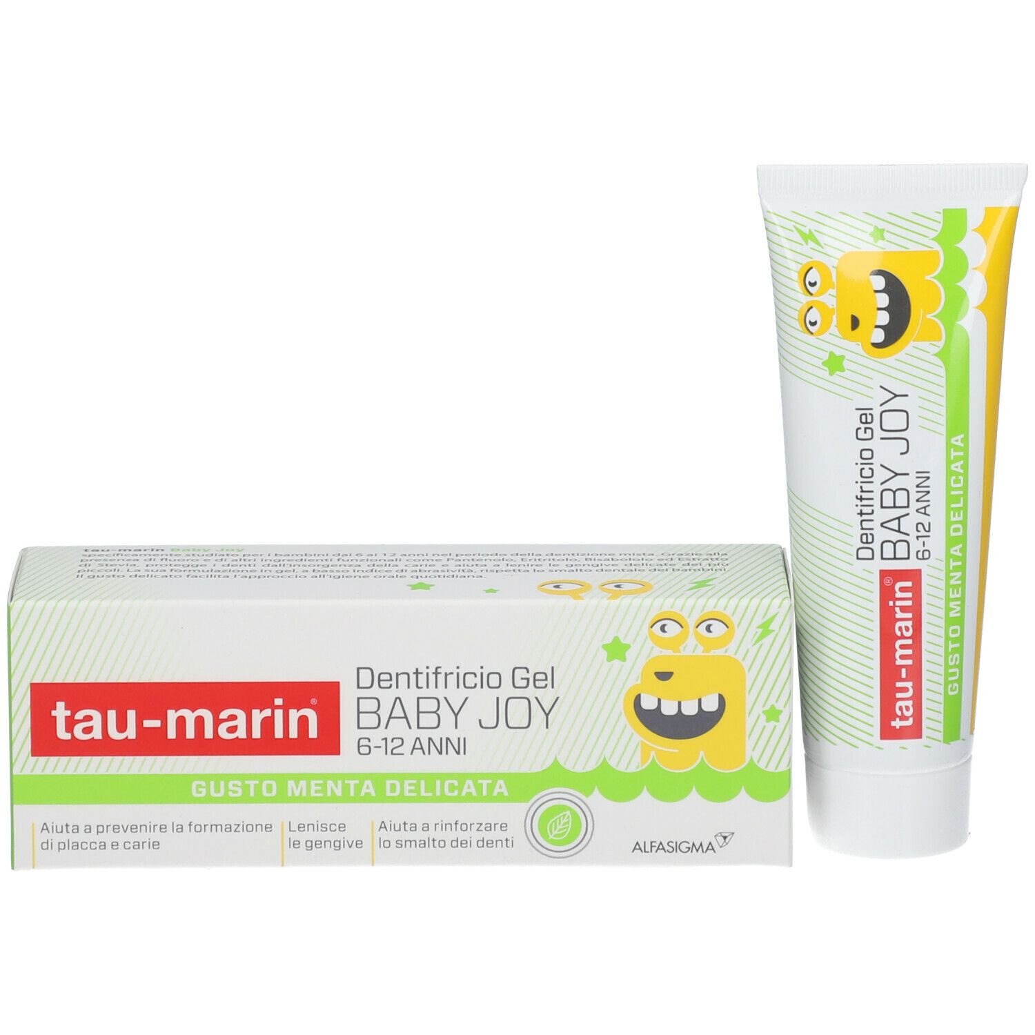 Tubo di dentifricio e scatola. Contiene: Dentifricio Gel BABY JOY 6-12 Anni. Elementi gialli, verdi e bianchi.