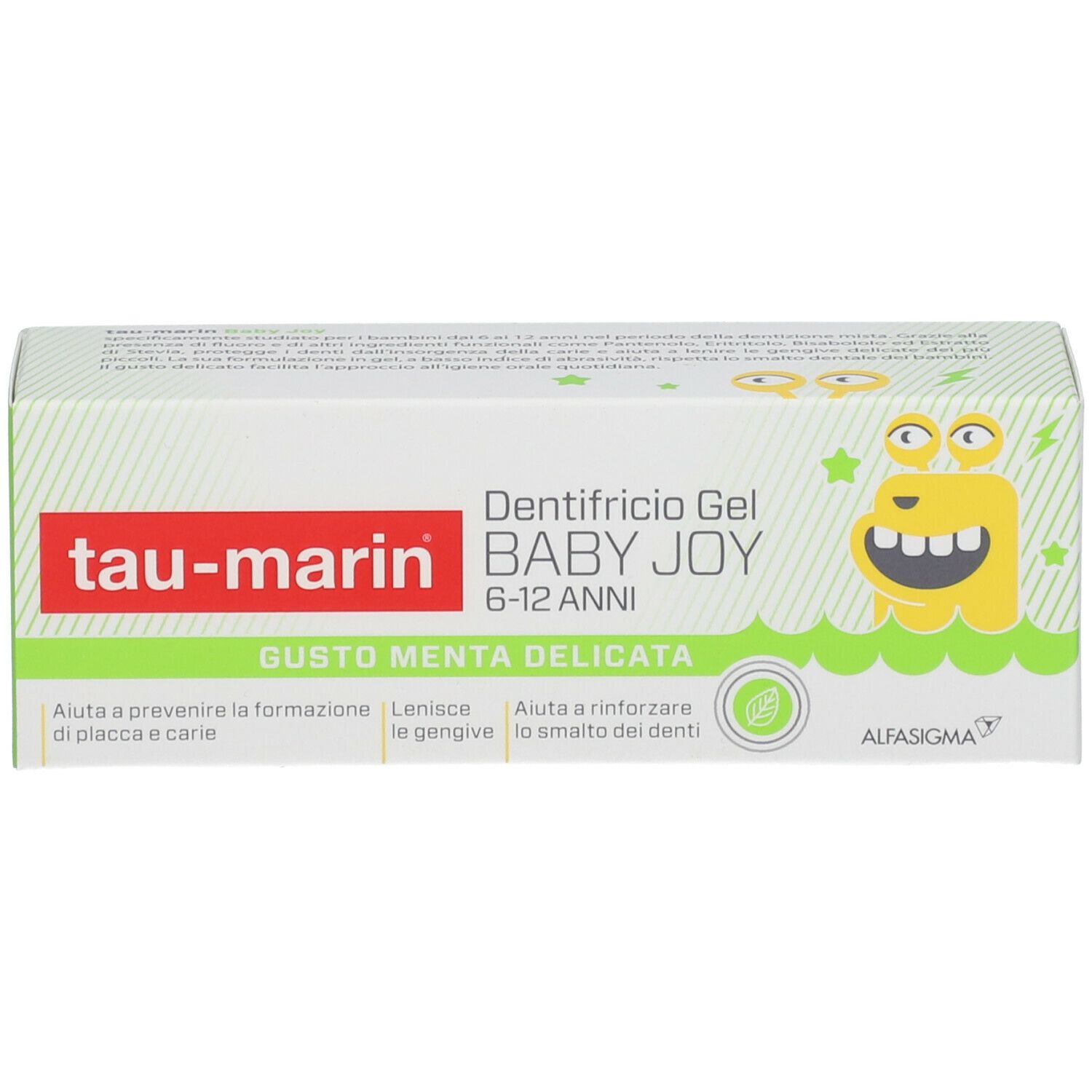 Scatola con testo: Dentifricio Gel BABY JOY 6-12 Anni. Contiene elementi gialli, verdi e bianchi e il logo Alfasigma.