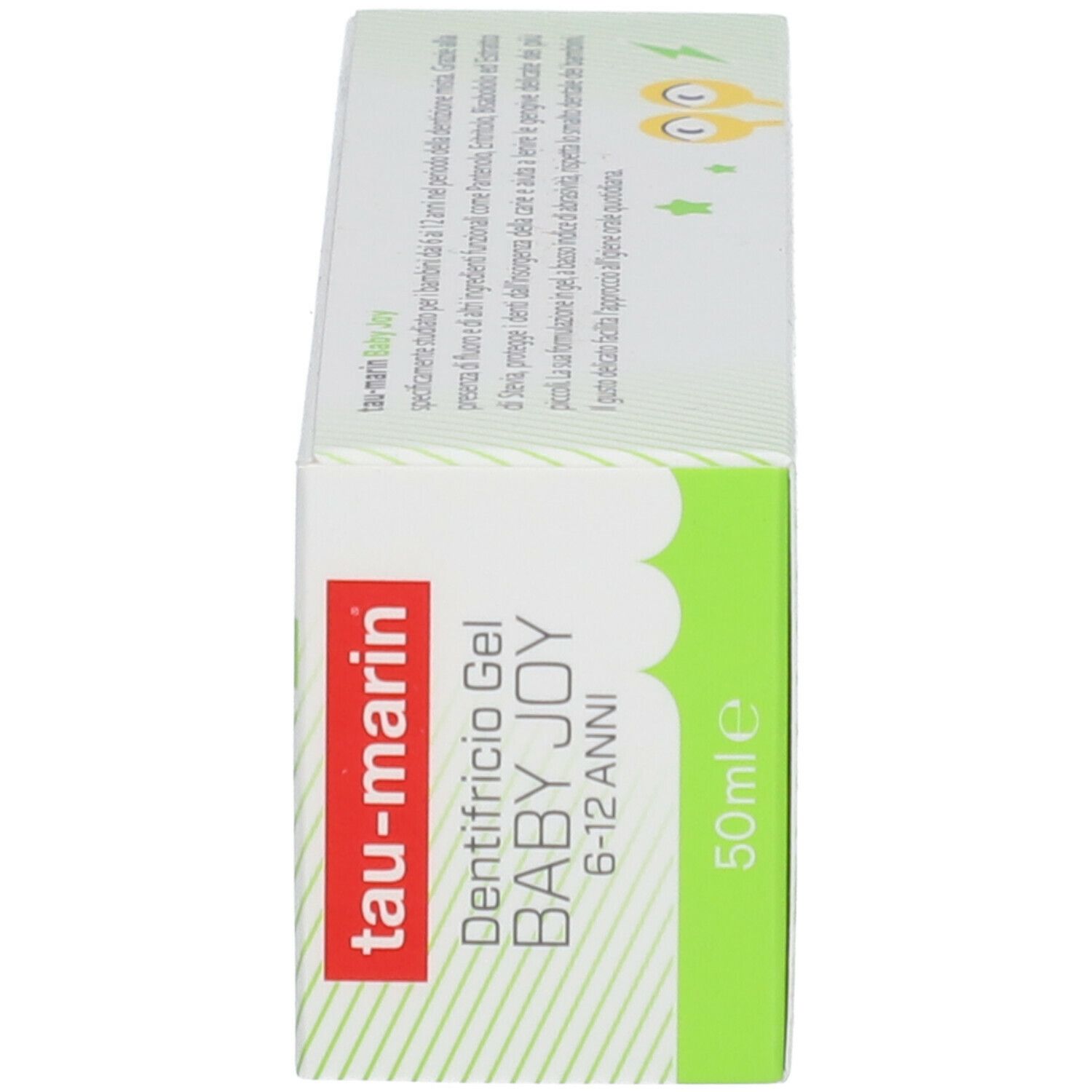 Scatola, vista laterale. Contiene il testo: Dentifricio Gel BABY JOY 6-12 Anni. Contiene 50 ml.