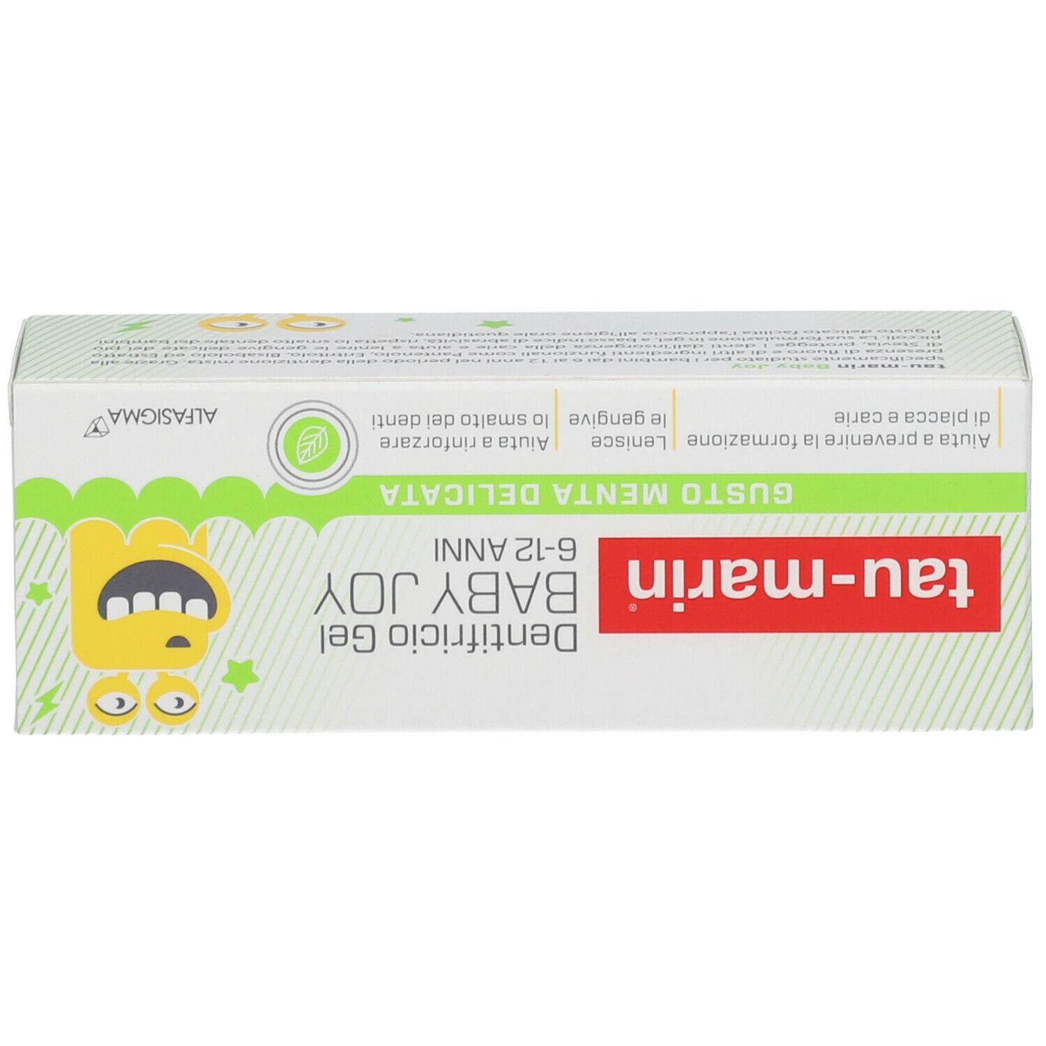 Scatola con testo: Dentifricio Gel BABY JOY 6-12 Anni. Contiene elementi gialli, verdi e bianchi e il logo Alfasigma.