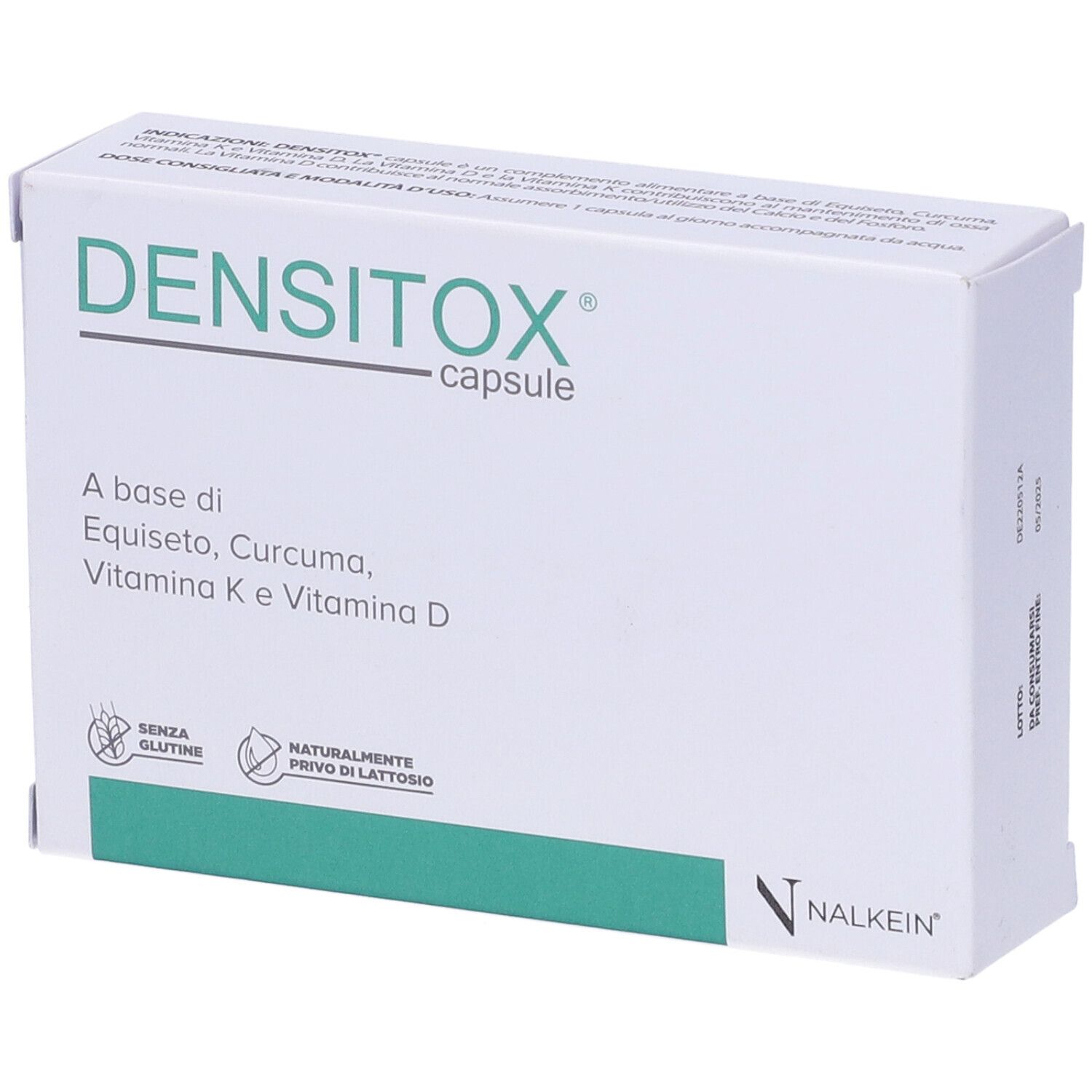 Scatola bianca con accento verde. Scritto: Densitox capsule. Contiene Equiseto, Curcuma, Vitamina K e D. Senza glutine, senza lattosio.