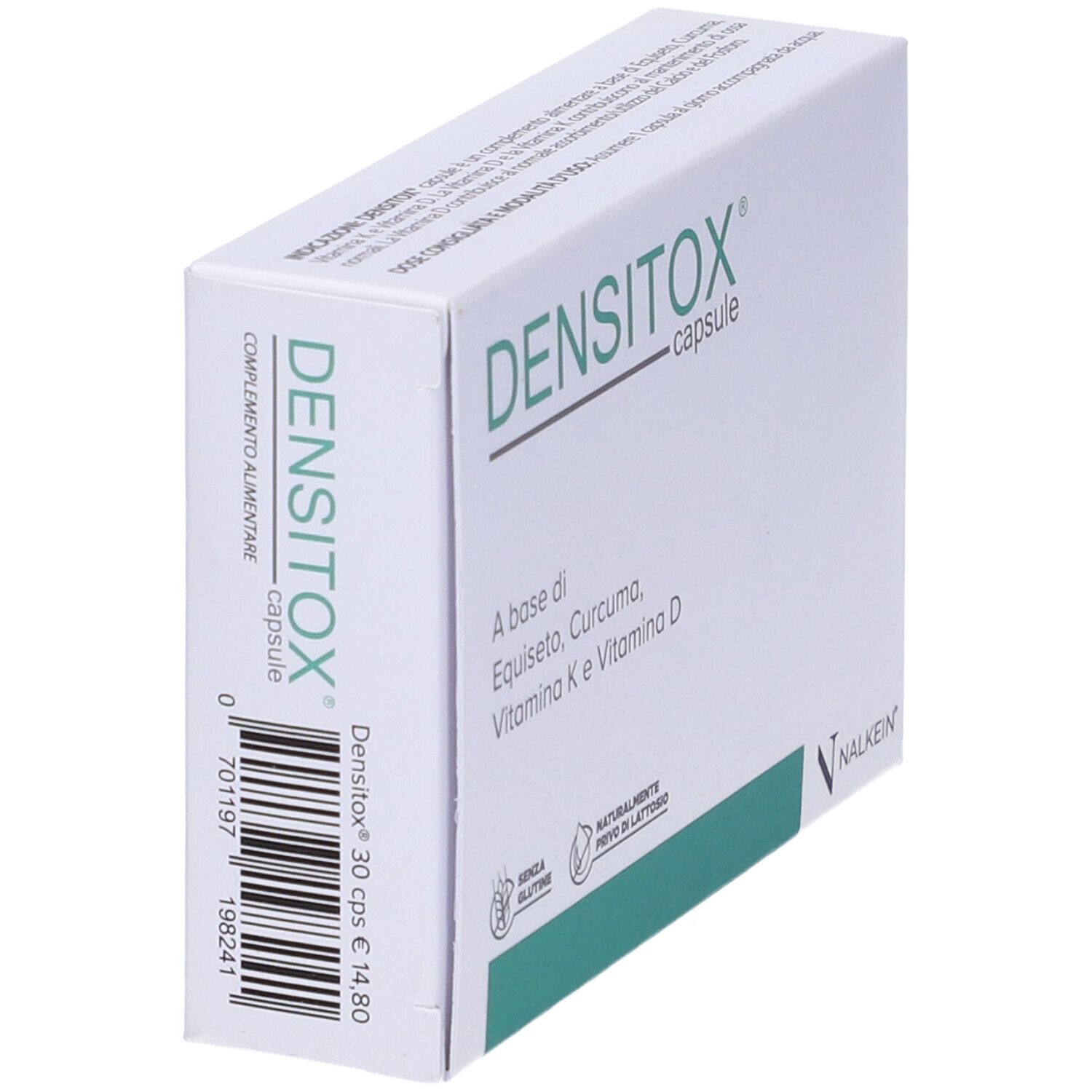 Scatola Densitox capsule. Contiene 30 capsule. Scritto: Integratore alimentare. Senza glutine, senza lattosio. Logo del produttore.