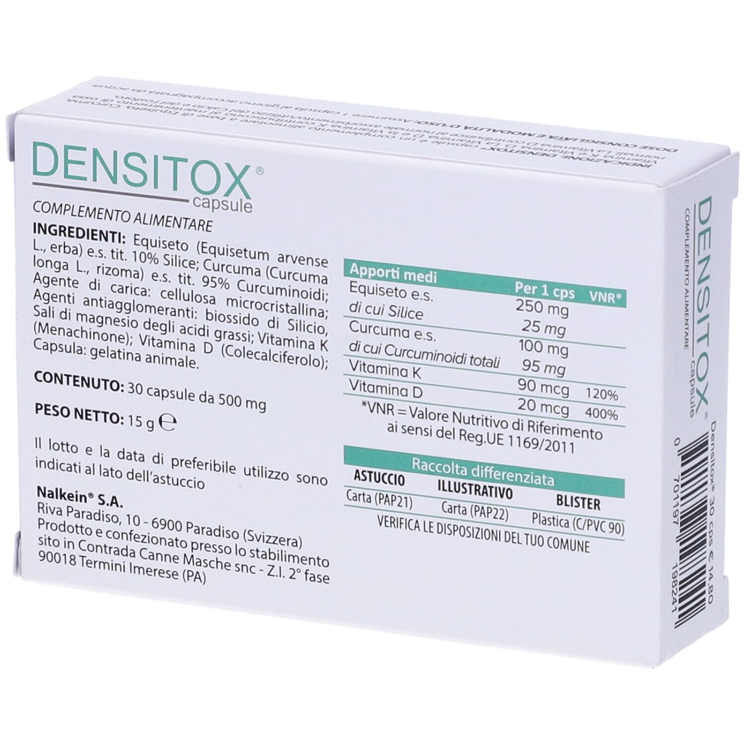 Confezione Densitox capsule. Contiene 30 capsule. Ingredienti e informazioni nutrizionali sul retro. Indirizzo del produttore.