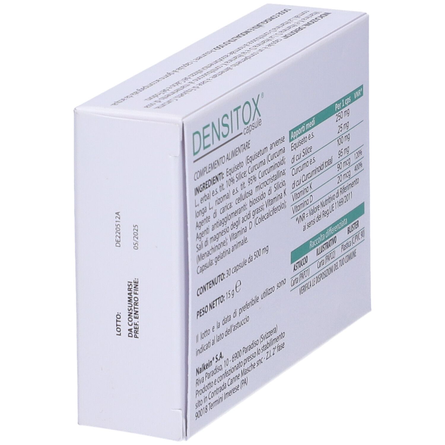 Confezione Densitox capsule. Contiene 30 capsule. Ingredienti e informazioni nutrizionali. Data di scadenza. Indirizzo del produttore.