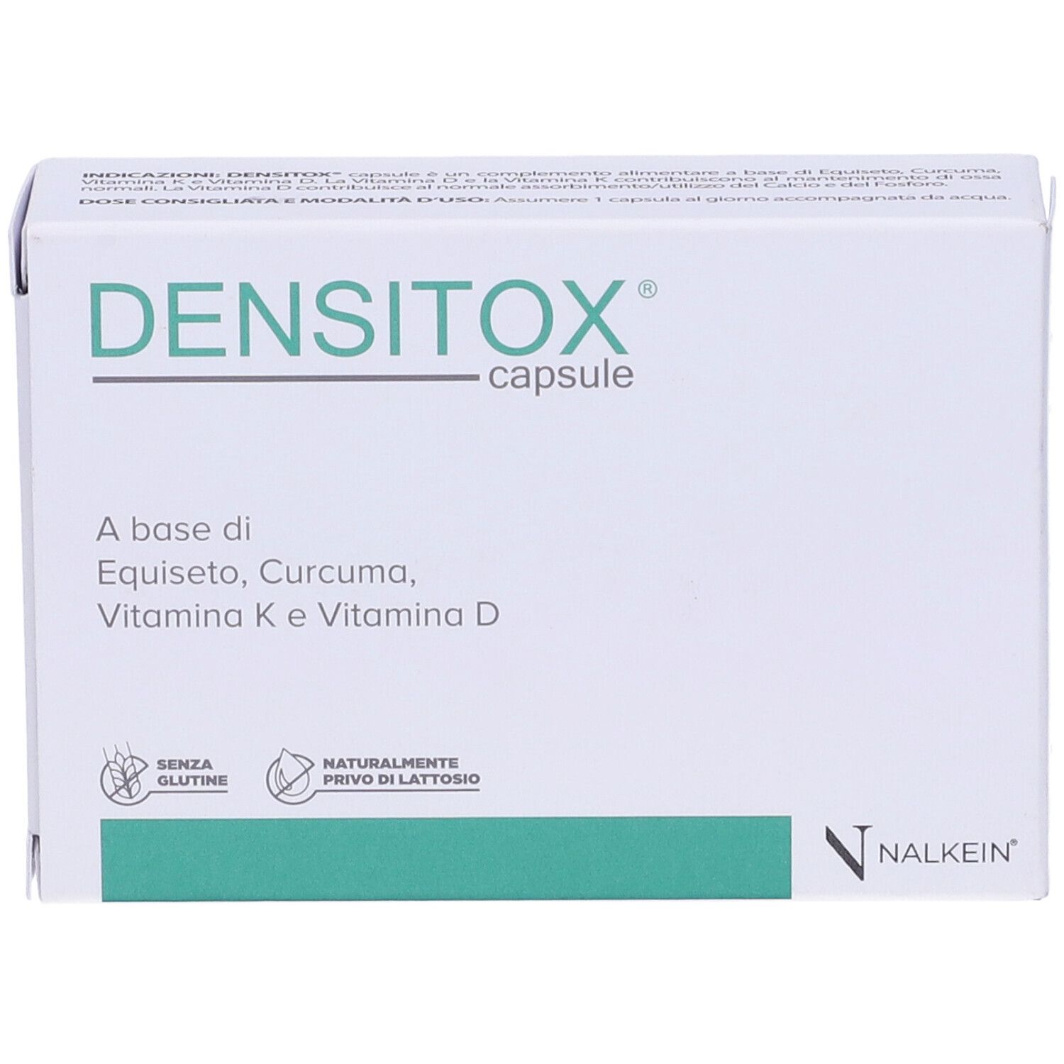 Scatola bianca con accento verde. Scritto: Densitox capsule. Contiene Equiseto, Curcuma, Vitamina K e D. Senza glutine, senza lattosio.