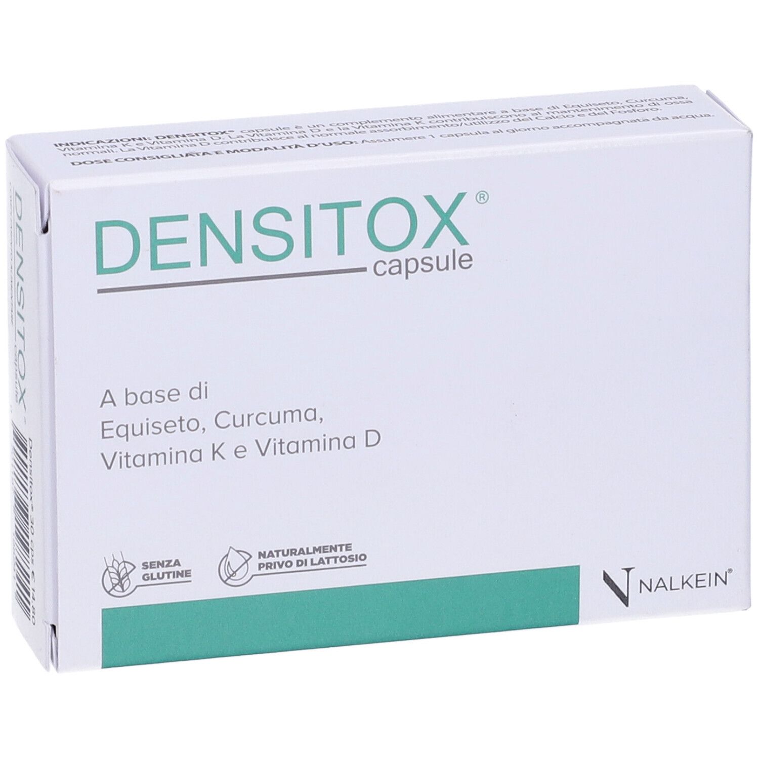 Scatola bianca con accento verde. Scritto: Densitox capsule. Contiene Equiseto, Curcuma, Vitamina K e D. Senza glutine, senza lattosio.