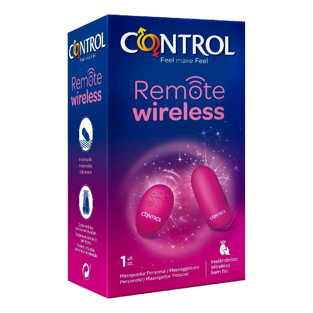 Verpackung mit Produktabbildung. Aufschrift: CONTROL Remote wireless. Enthält einen persönlichen Massager und eine Fernbedienung.