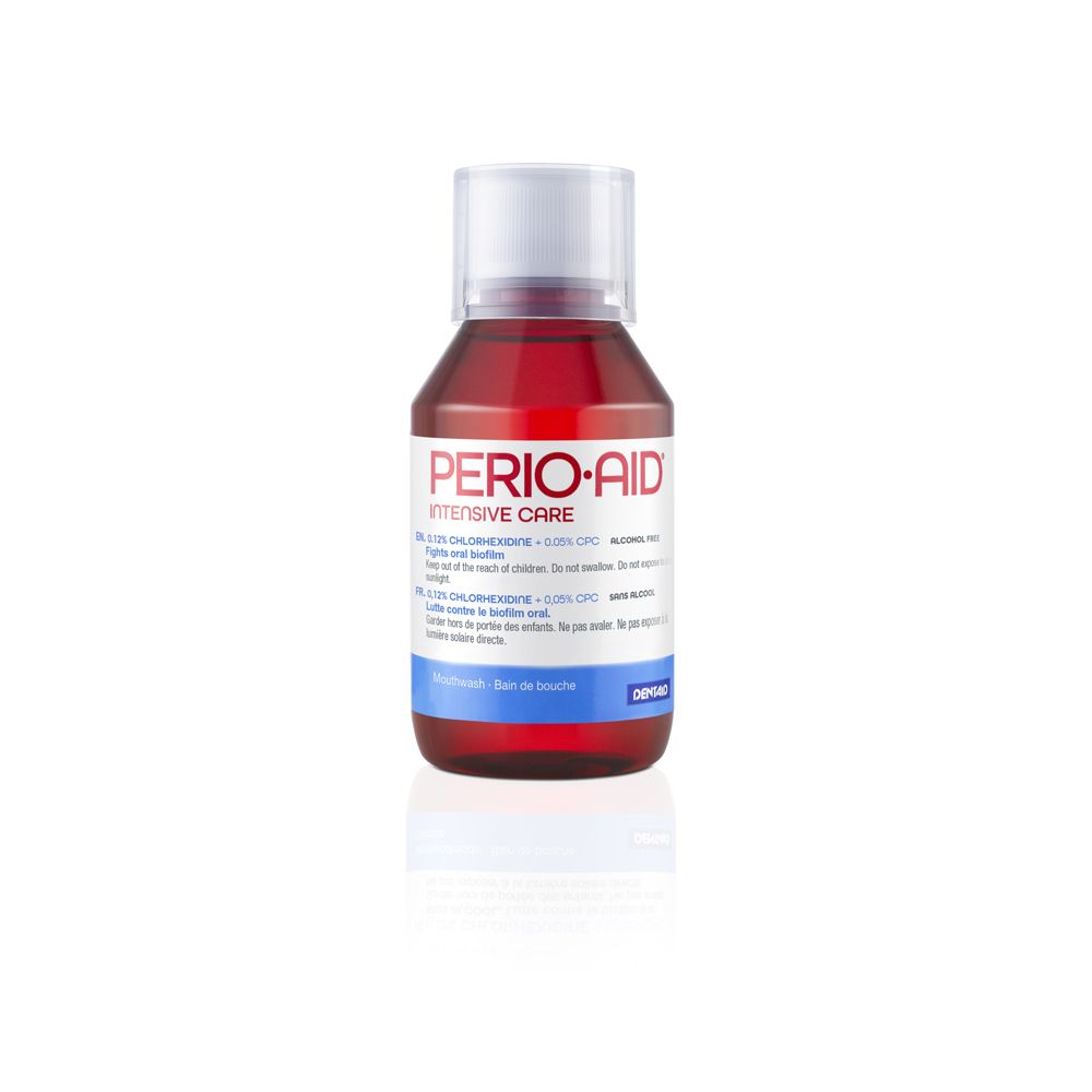 PERIO-AID Intensive Care Mundspülung in roter Flüssigkeit in einer durchsichtigen Flasche mit weißem Verschluss.