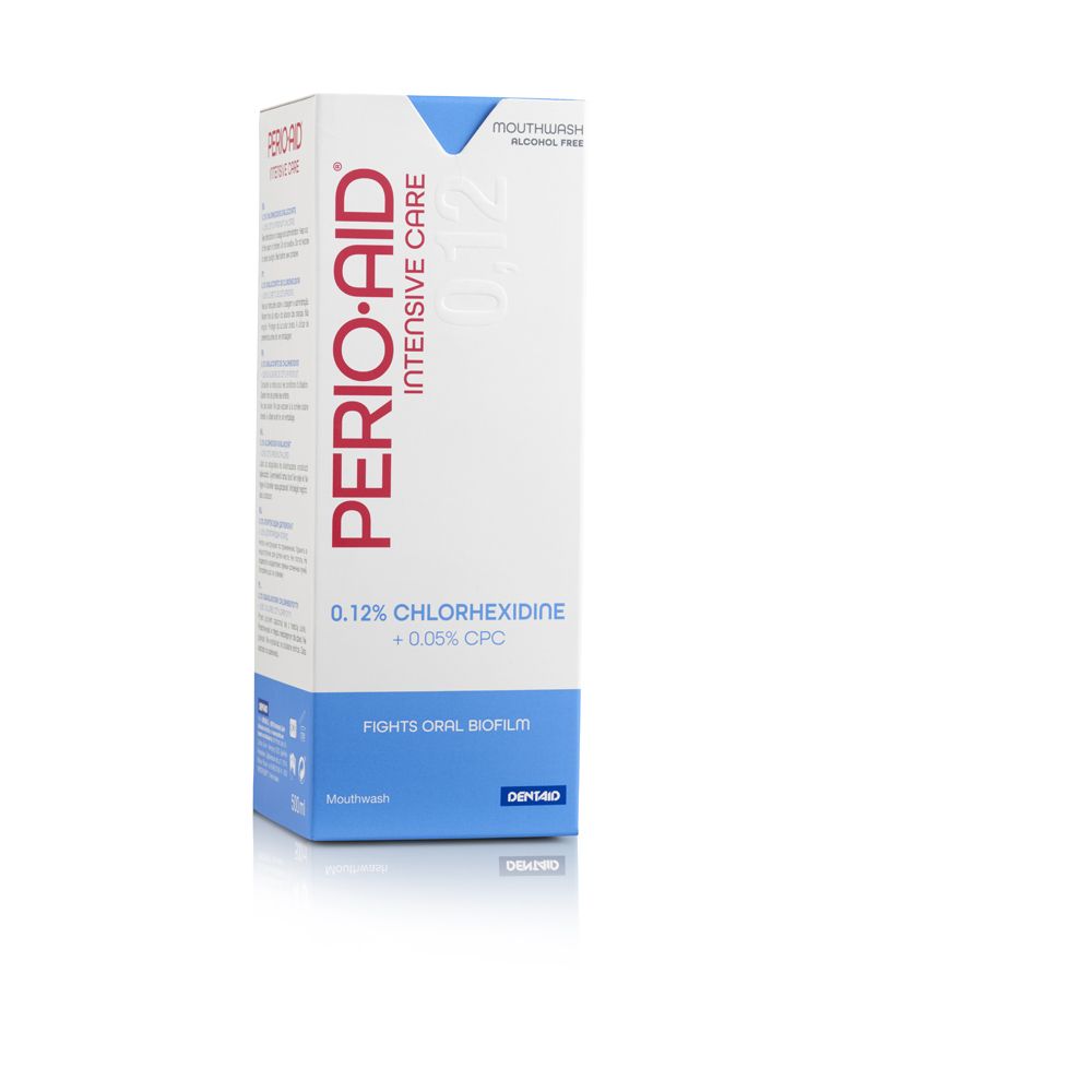Perio-Aid Mundspülung mit 0,12% Chlorhexidin und 0,05% CPC. Bekämpft Zahnbelag.
