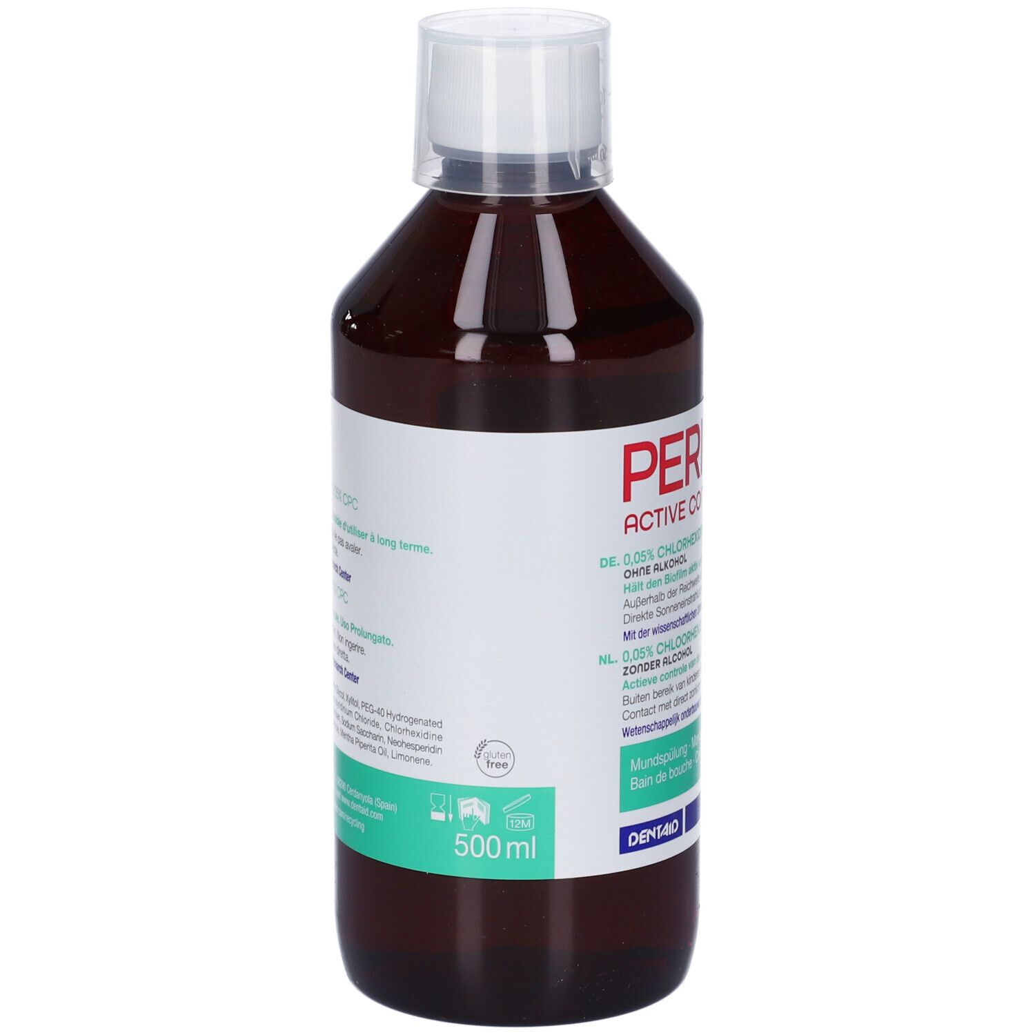 Braune Plastikflasche mit weißem Schraubverschluss, 500 ml Mundwasser. Rotes Logo mit weißer Schrift.