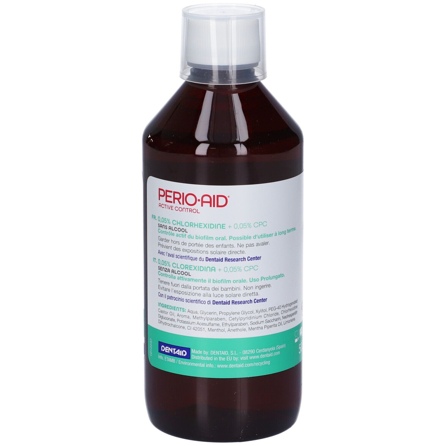 Bernsteinfarbene Flasche mit weißem Verschluss, Etikett mit 'PERIO-AID ACTIVE CONTROL' und Chlorhexidin-Angabe.