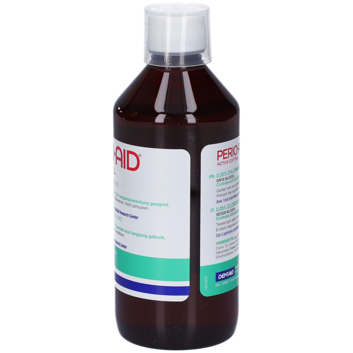 Braune Glasflasche mit weißem Schraubverschluss, Etikett mit rotem Schriftzug "PERIO-AID".