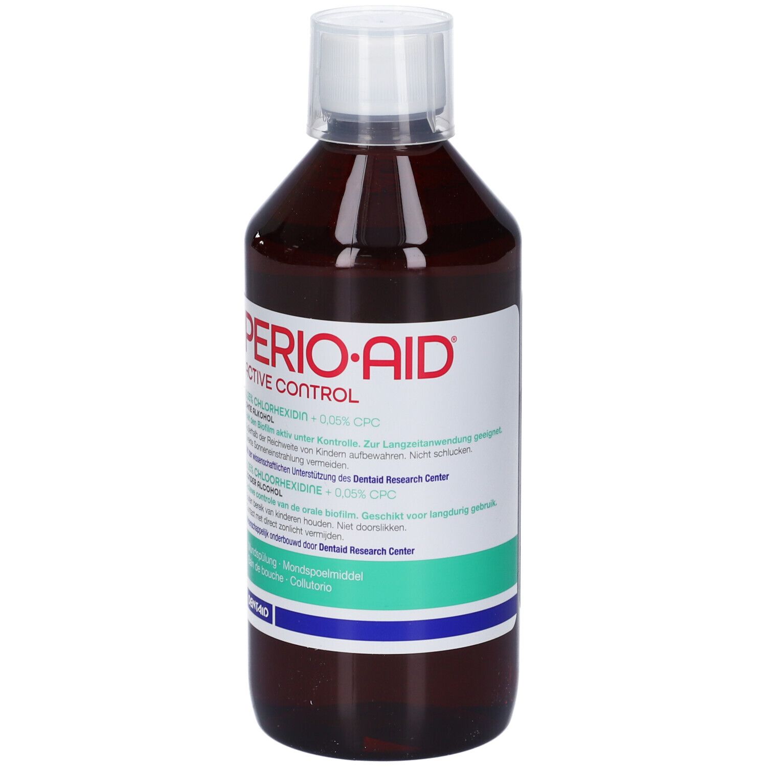 Braune Glasflasche mit weißem Schraubverschluss, Etikett mit rotem Schriftzug PERIO-AID ACTIVE CONTROL.