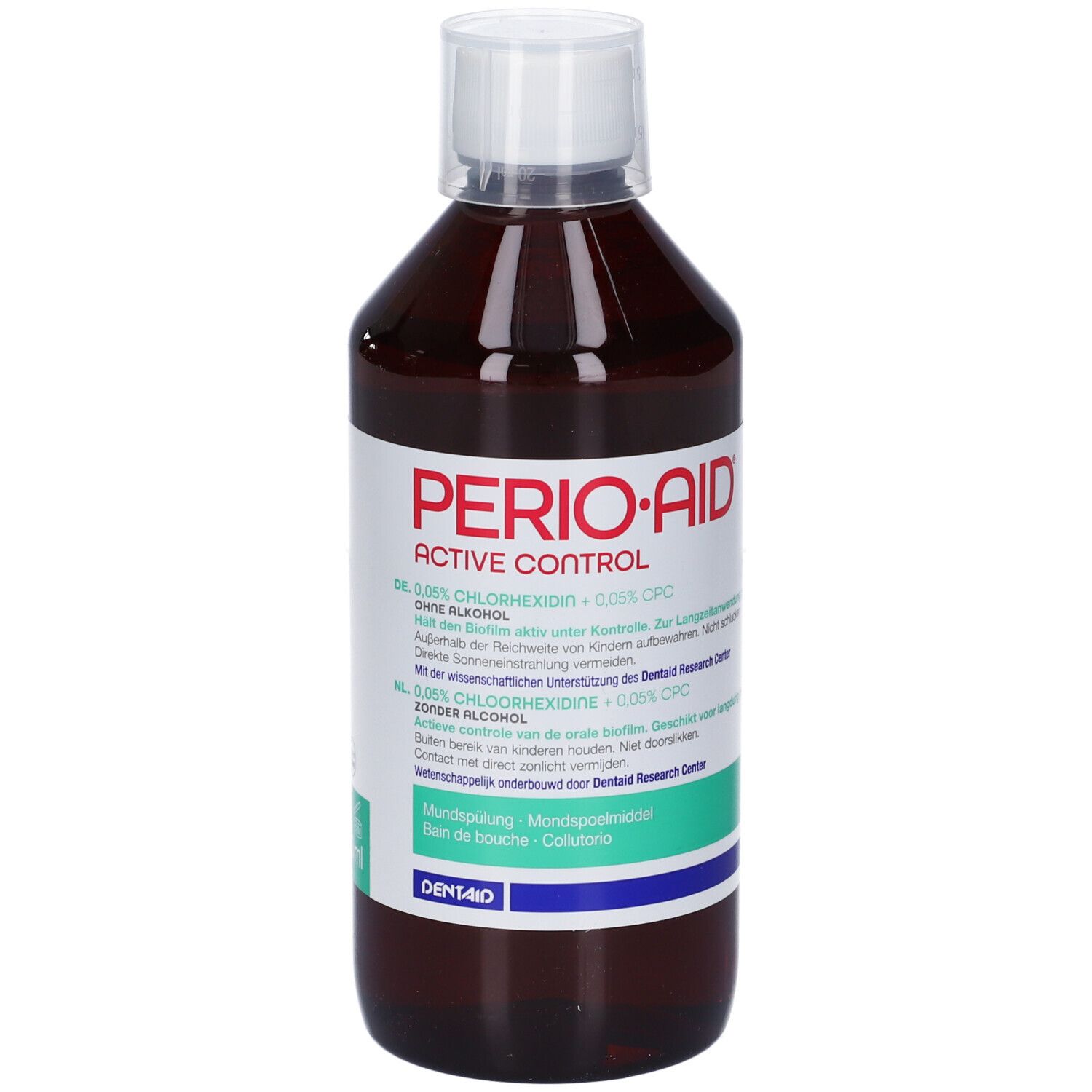 Braune Plastikflasche mit weißem Schraubverschluss. Etikett mit 'PERIO·AID ACTIVE CONTROL' und Inhaltsstoffen.