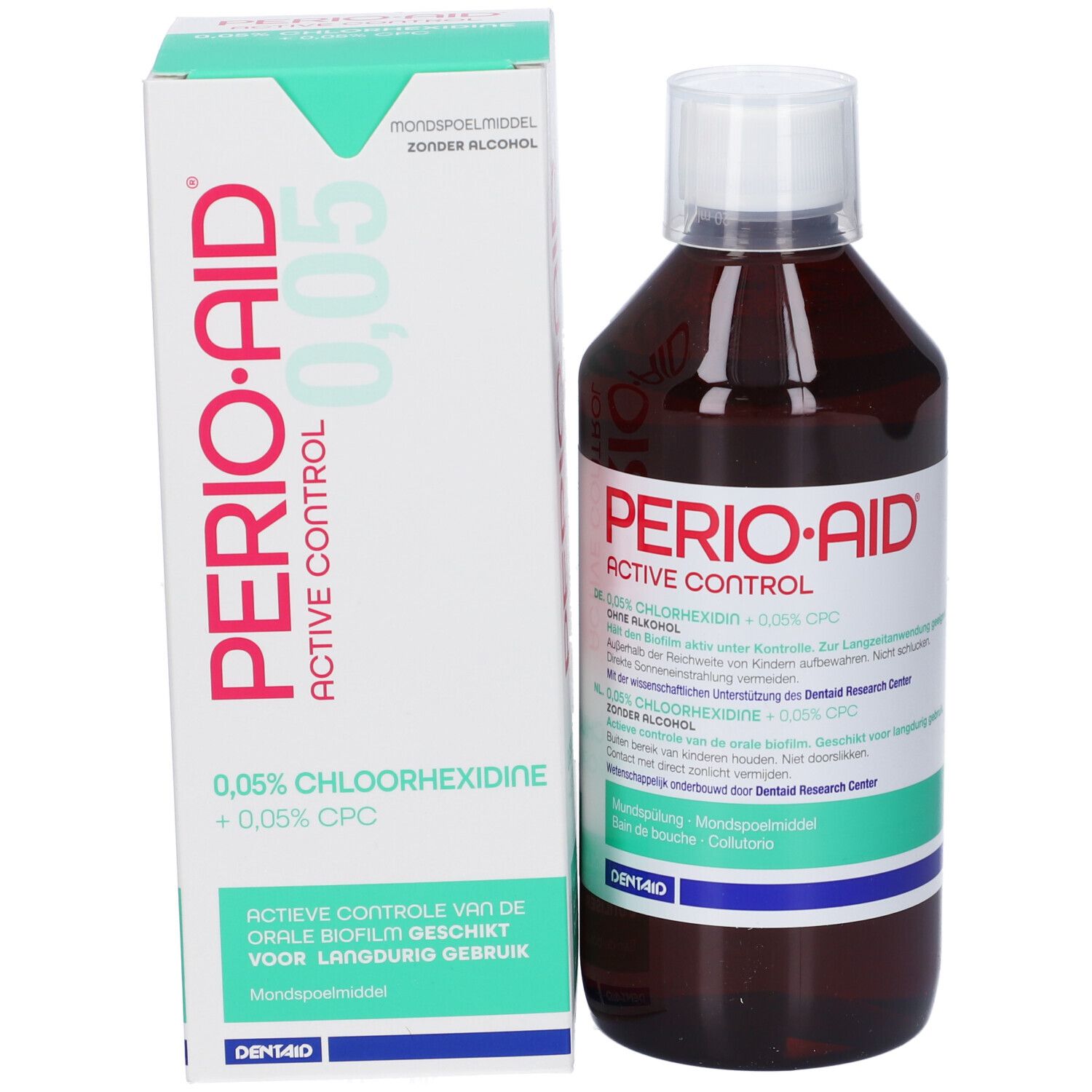 Perio-Aid Active Control Mundspülung mit 0,05% Chlorhexidin und 0,05% CPC, alkoholfrei.