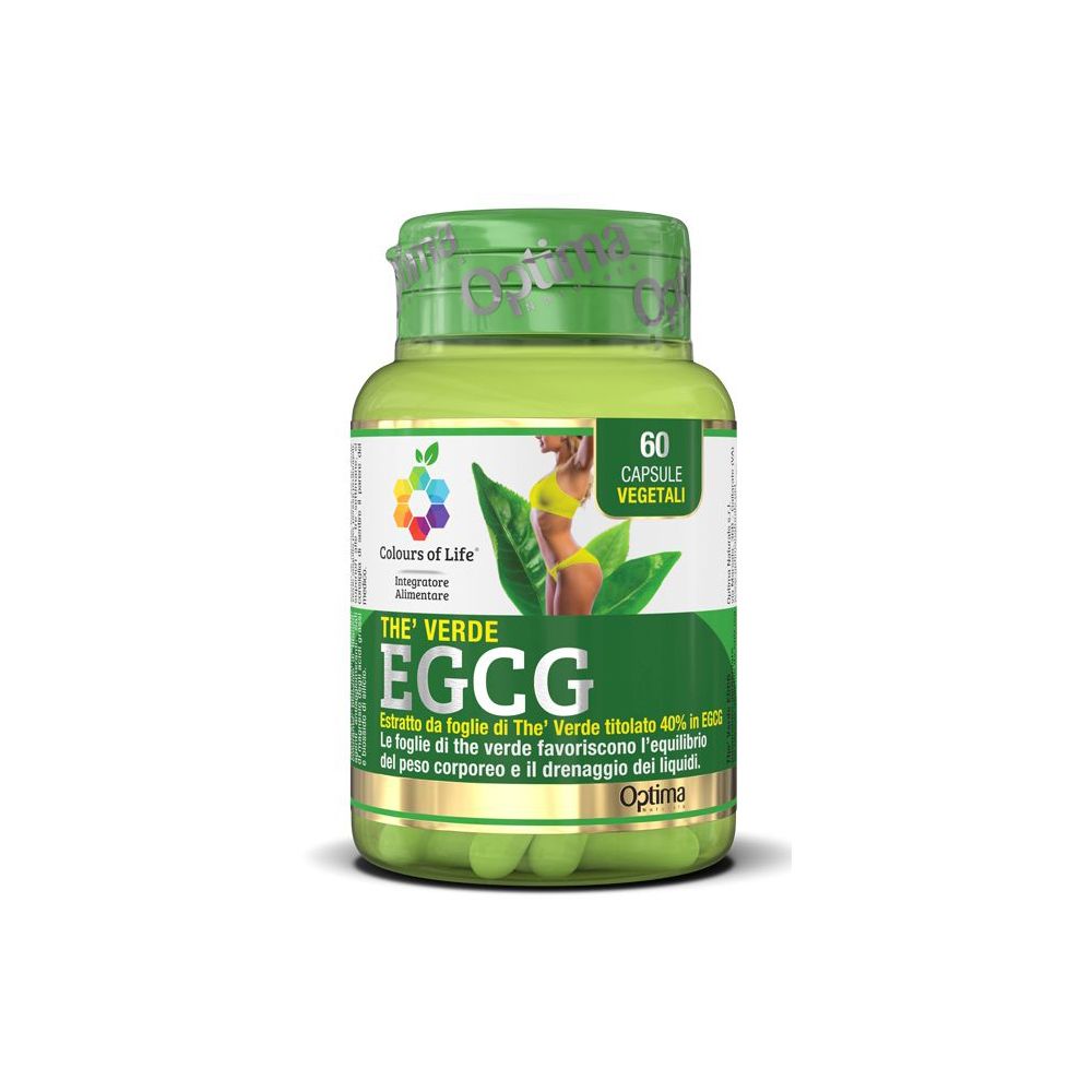 Capsule verdi in un flacone verde. Scritta: The Verde EGCG, 60 capsule vegetali. Marchio: Colours of Life.