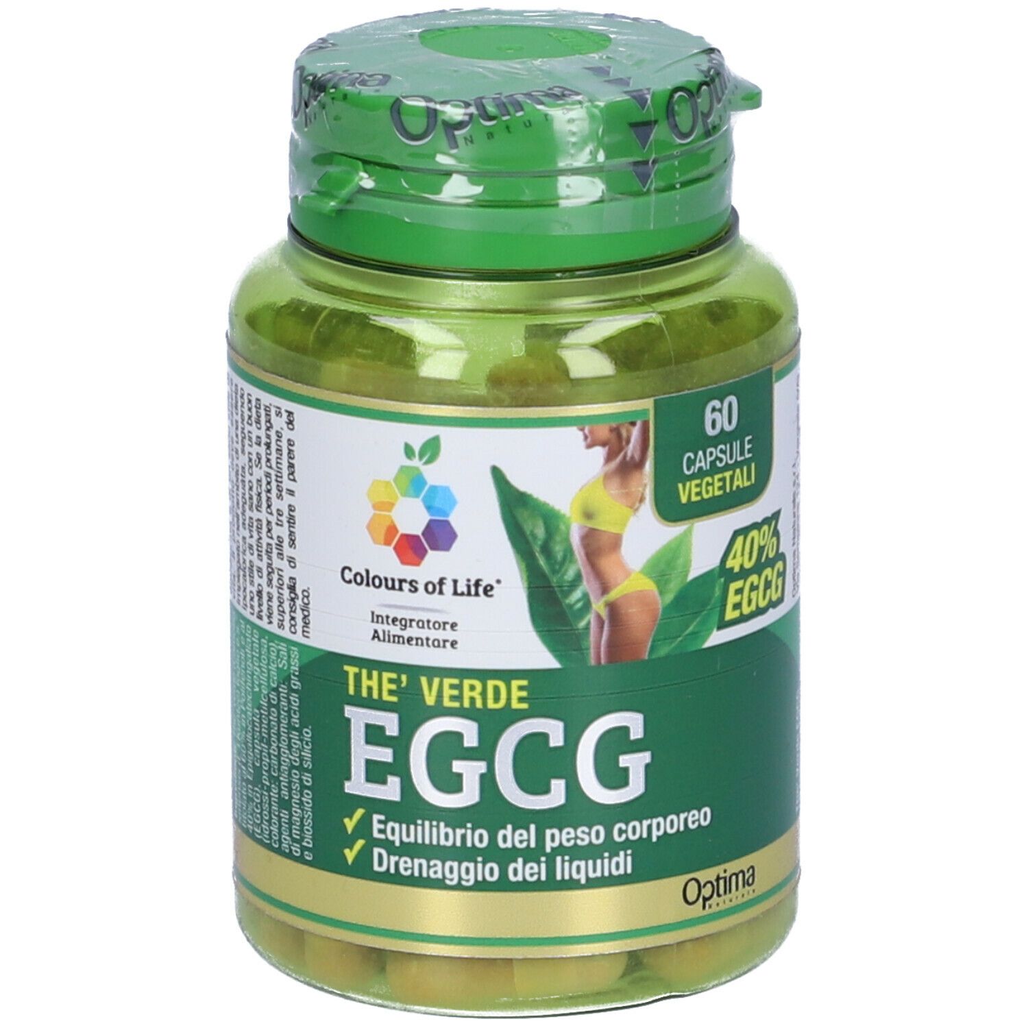 Capsule verdi in un flacone verde. Scritta: The Verde EGCG, 60 capsule vegetali. Marchio: Colours of Life.