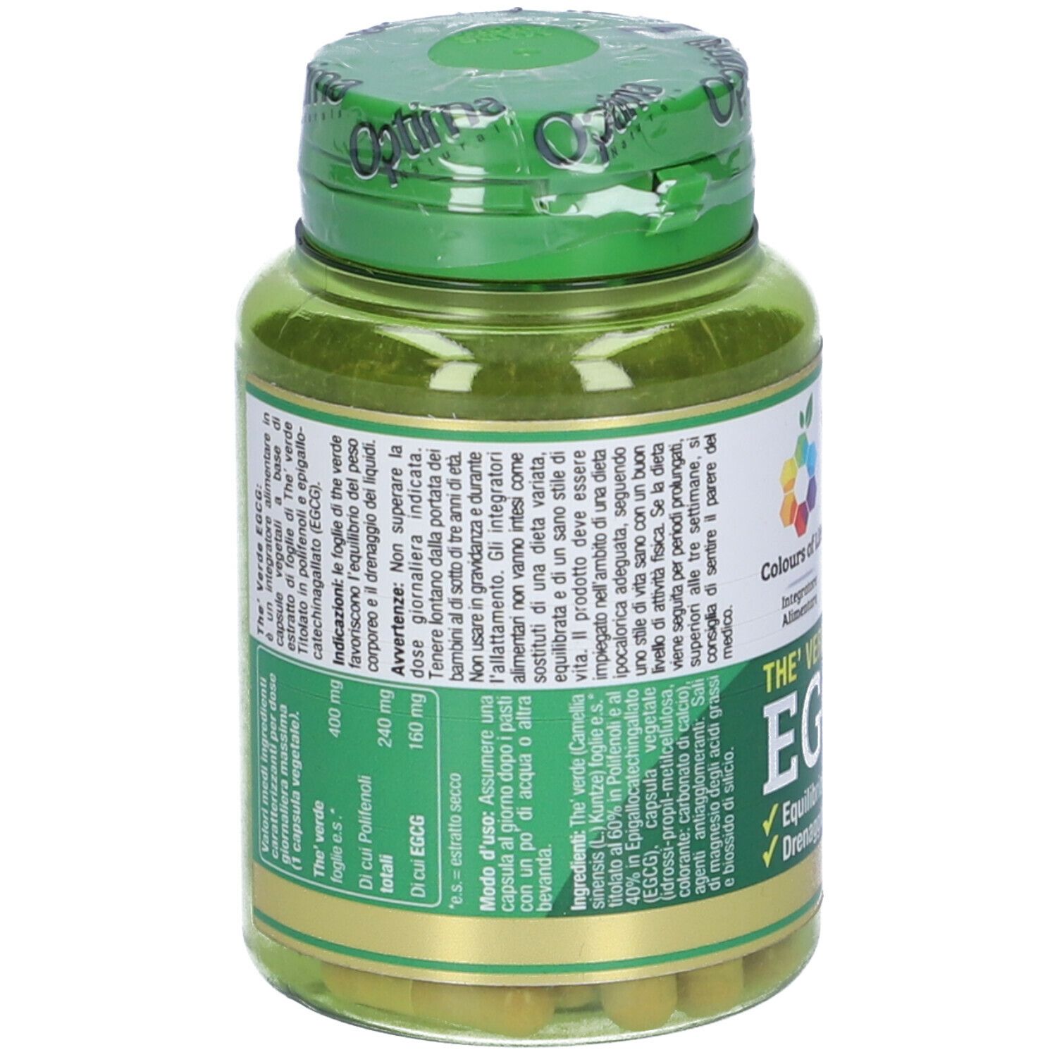 Retro di un flacone verde con capsule verdi. Testo: ingredienti, istruzioni per l'uso, marchio: Colours of Life.