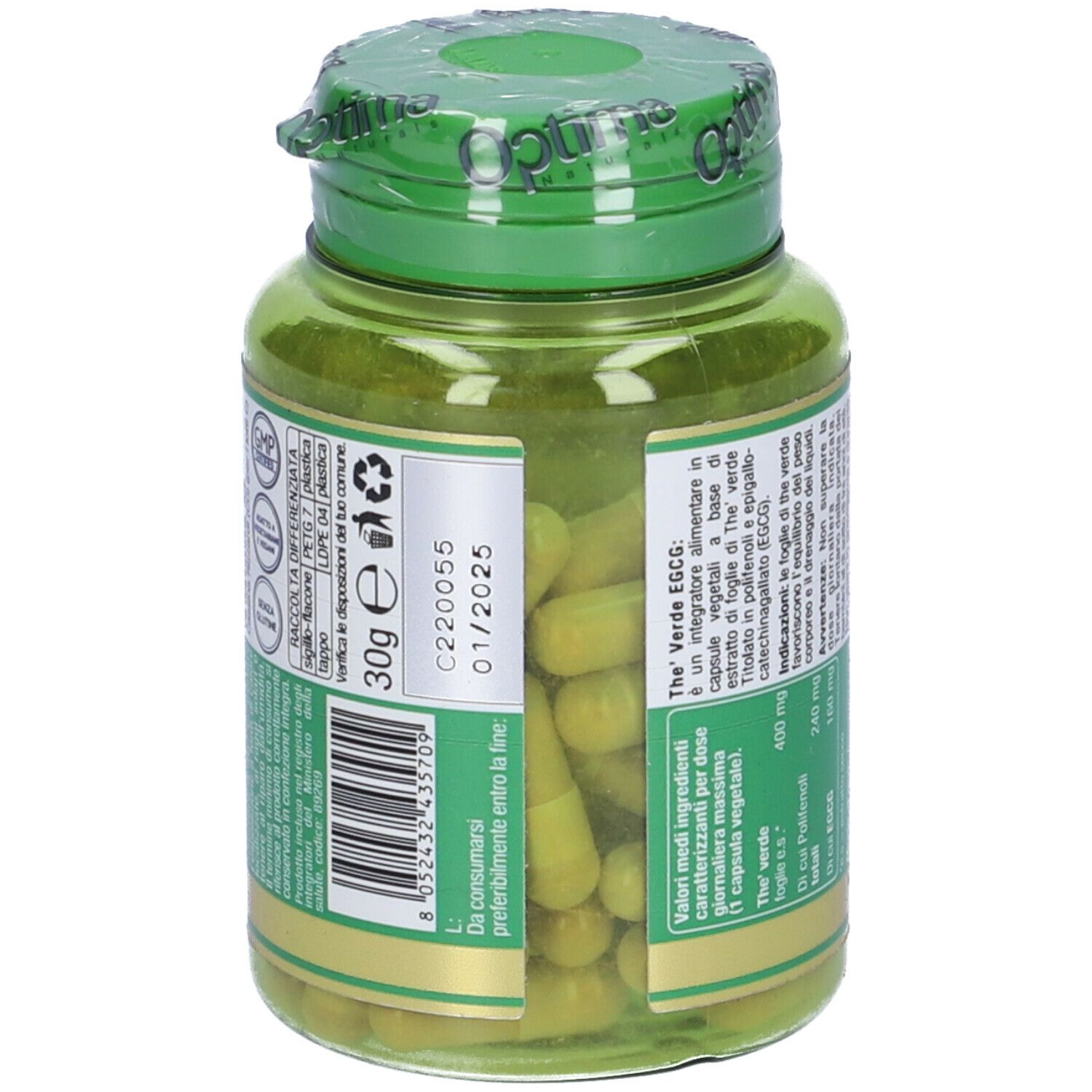 Flacone verde con capsule verdi. Scritta: 30g, scadenza 01/2025. Codice a barre.