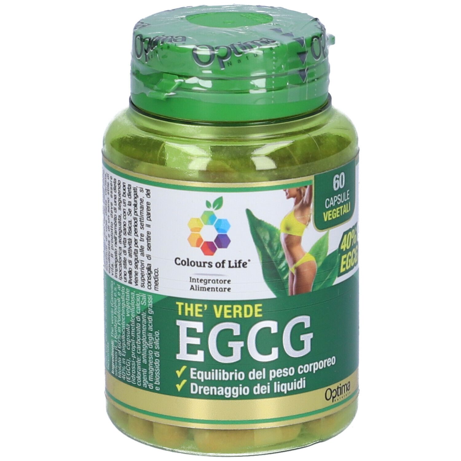 Capsule verdi in un flacone verde. Scritta: The Verde EGCG, 60 capsule vegetali. Marchio: Colours of Life.