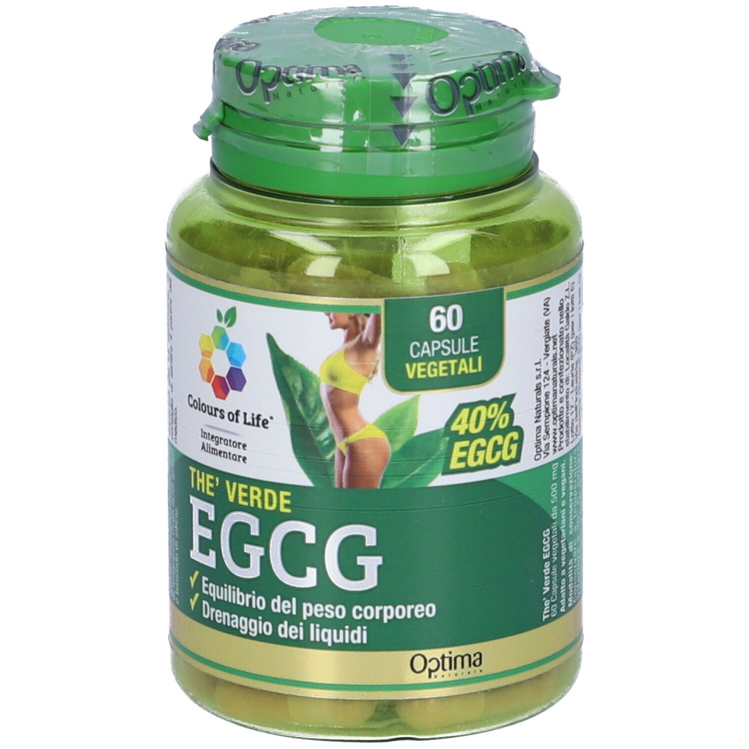 Capsule verdi in un flacone verde. Scritta: The Verde EGCG, 60 capsule vegetali. Marchio: Colours of Life.
