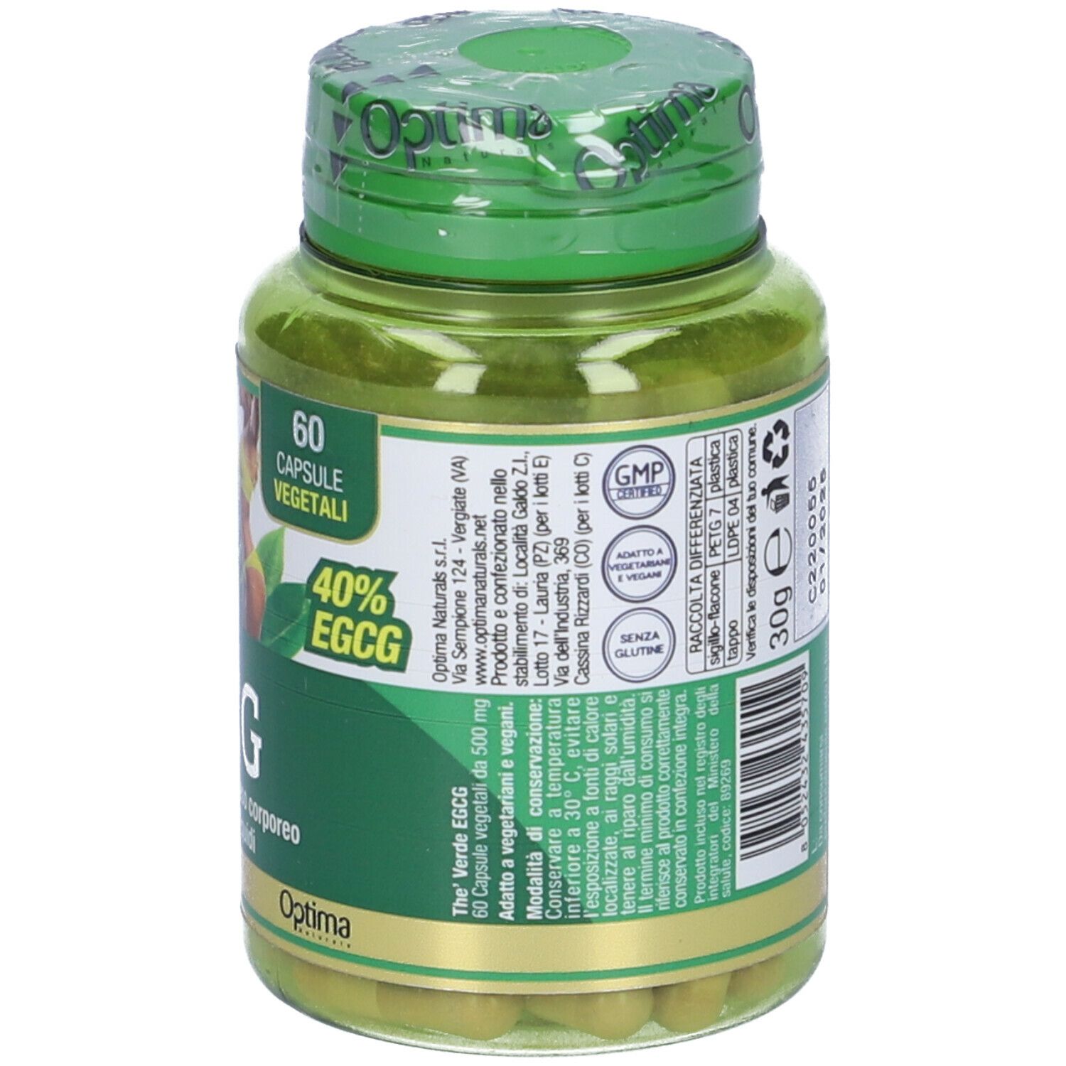 Retro di un flacone verde con capsule verdi. Testo: ingredienti, istruzioni per l'uso, marchio: Colours of Life.