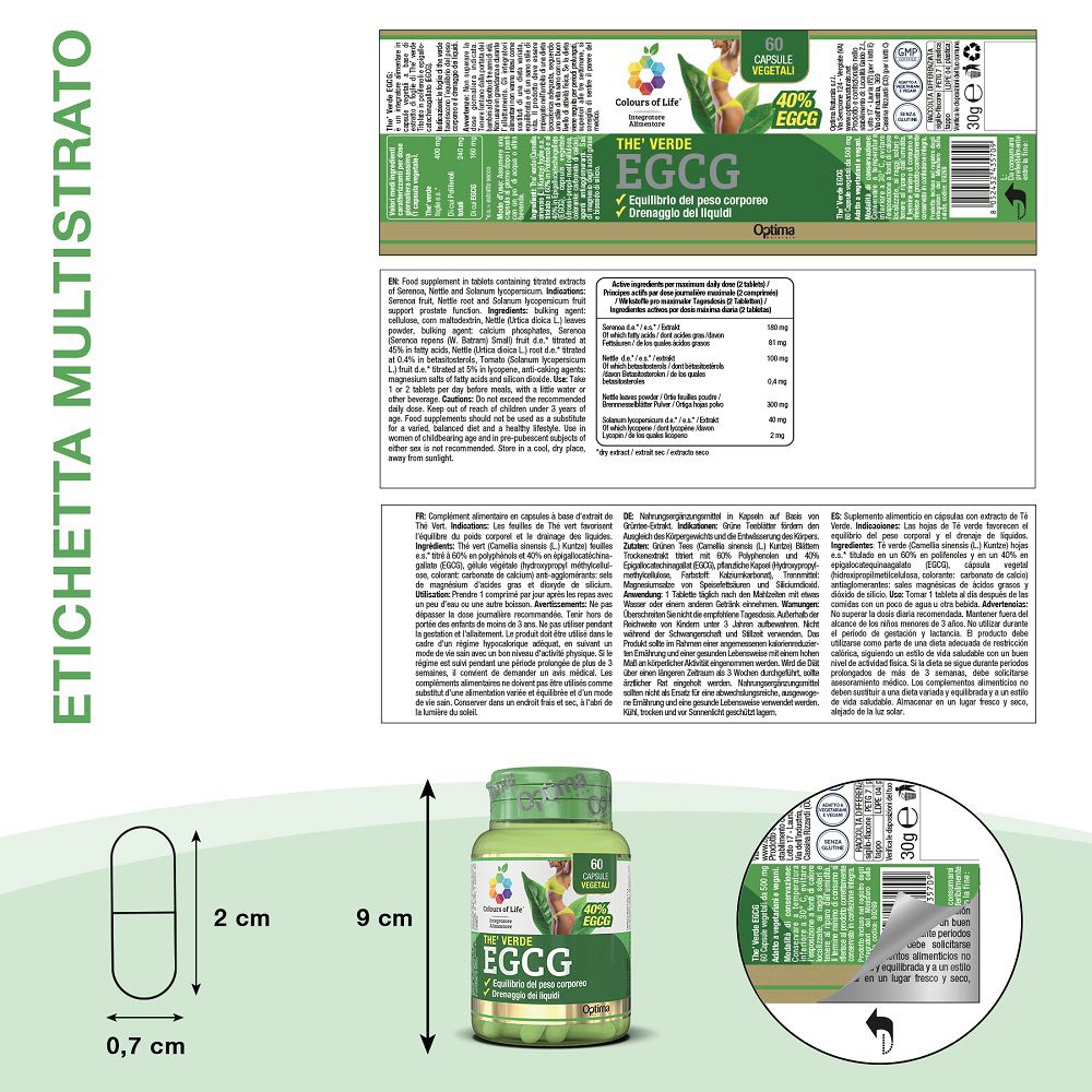 Grüne Kapsel-Flasche, 60 vegetarische Kapseln, 40% EGCG, mit Etikett und Kapsel-Maßen.