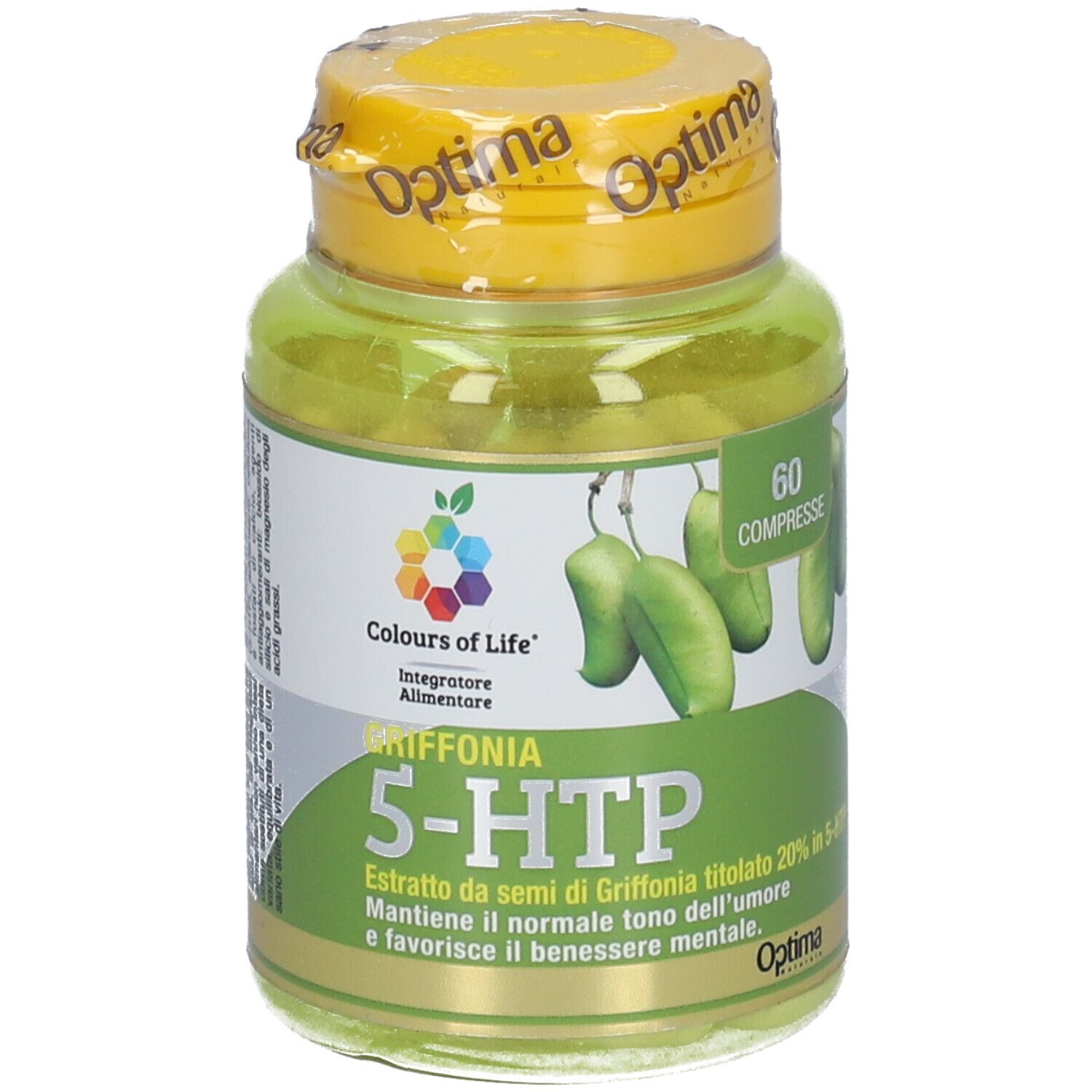 Grüne Kapseln in einer gelben Plastikflasche. Aufschrift: Colours of Life Griffonia 5-HTP. 60 Tabletten.