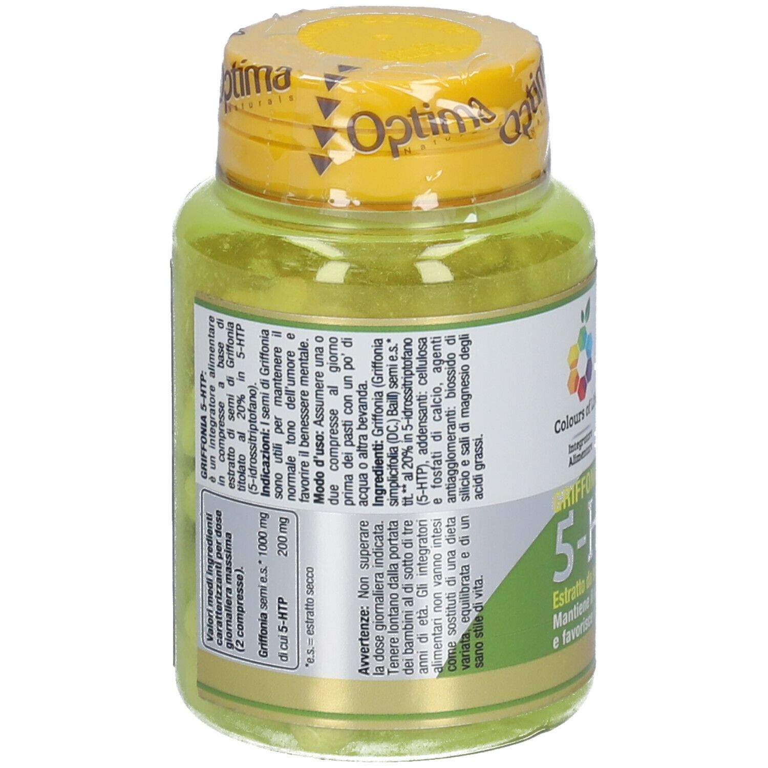 Rückseite einer gelben Plastikflasche mit grünen Kapseln. Aufschrift: Colours of Life Griffonia 5-HTP. Zutatenliste.