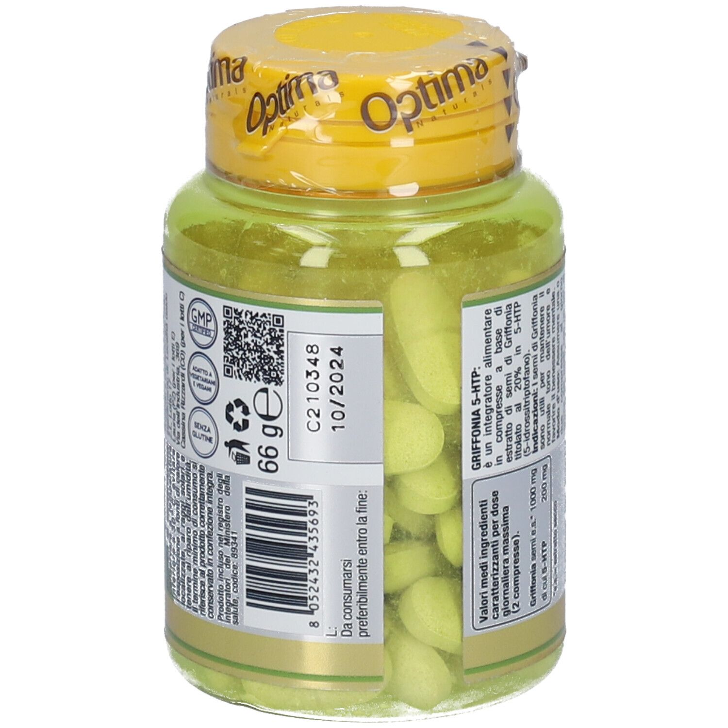 Rückseite einer gelben Plastikflasche mit grünen Kapseln. Aufschrift: Colours of Life Griffonia 5-HTP. Haltbarkeitsdatum.