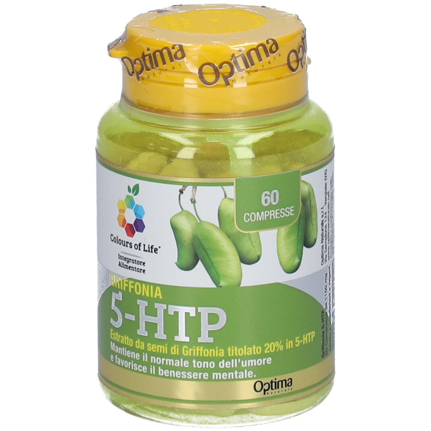 Grüne Kapseln in einer gelben Plastikflasche. Aufschrift: Colours of Life Griffonia 5-HTP. 60 Tabletten.