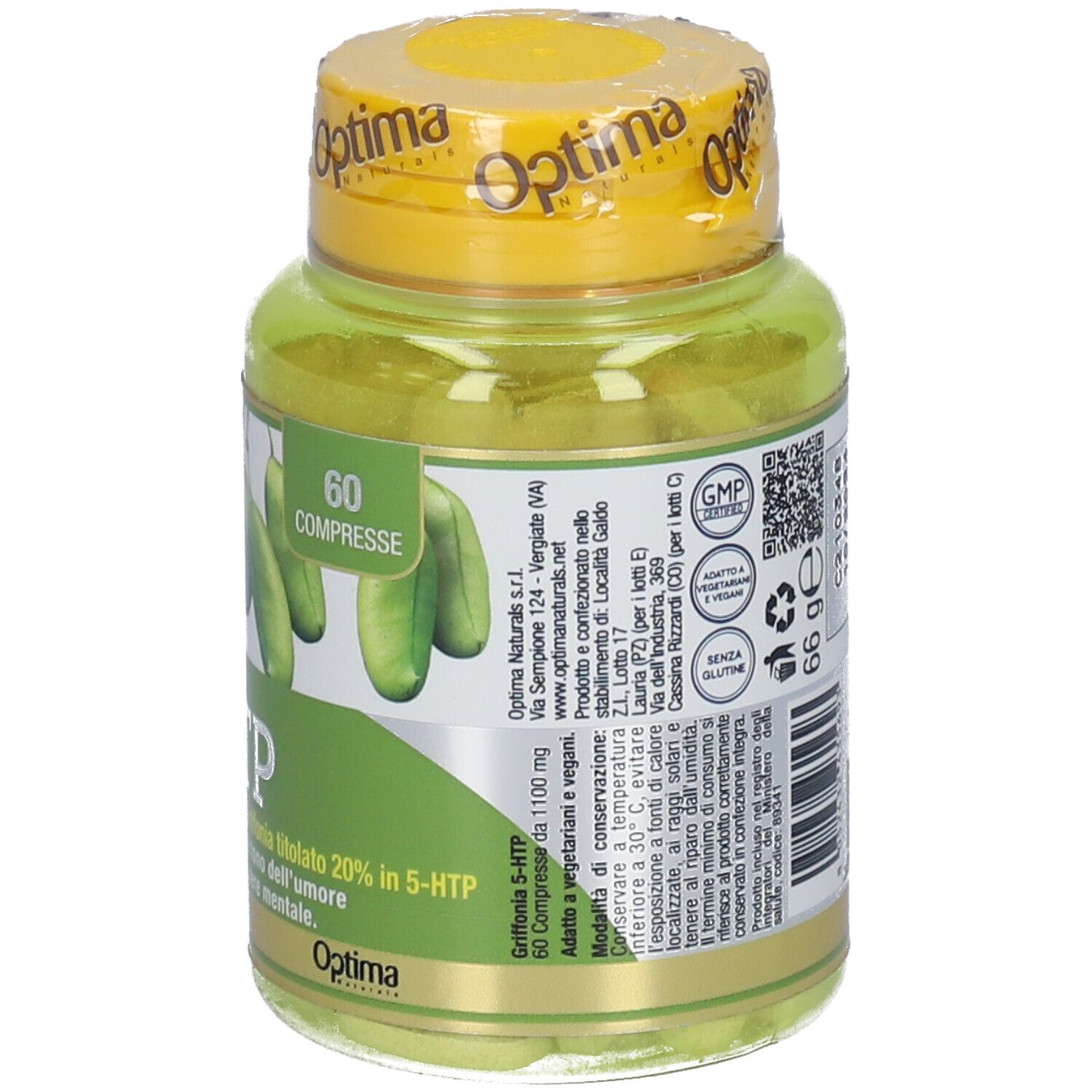 Grüne Kapseln in einer gelben Plastikflasche. Aufschrift: Colours of Life Griffonia 5-HTP. 60 Tabletten. GMP-Siegel.