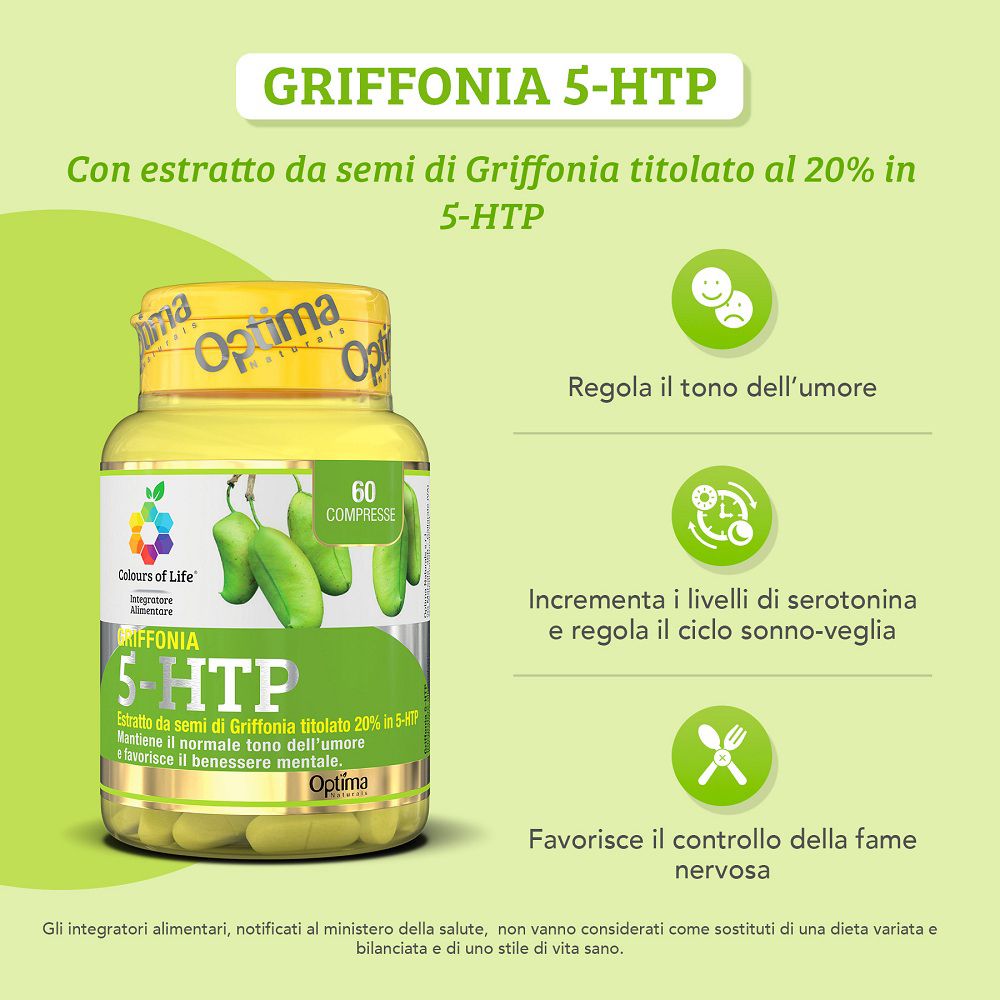 Produktinformationen zu "Griffonia 5-HTP" mit Behälterabbildung, Symbolen und Text zu Stimmungsregulation und Schlaf.