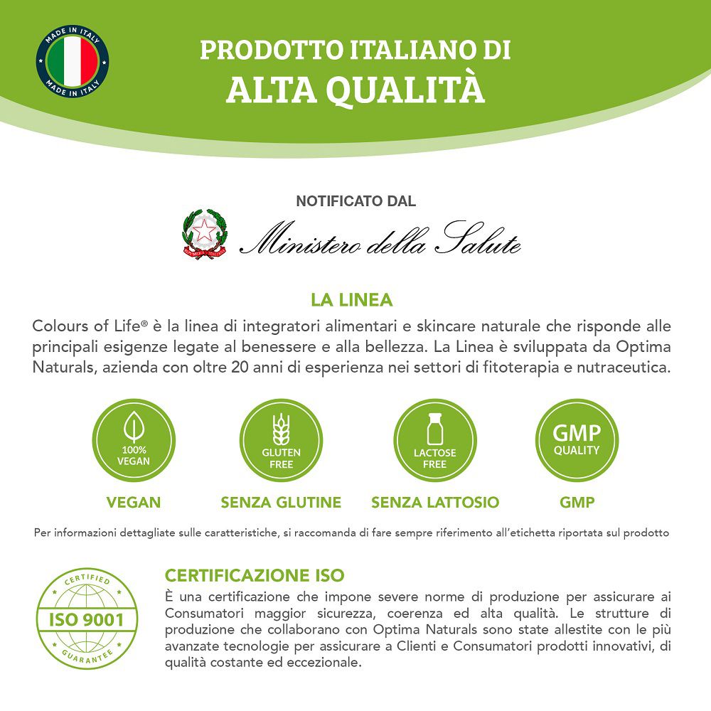 Produktinformationen: "Made in Italy", "Hohe Qualität", "Notified by Ministry of Health", Siegel für Vegan, Glutenfrei, Laktosefrei, GMP.